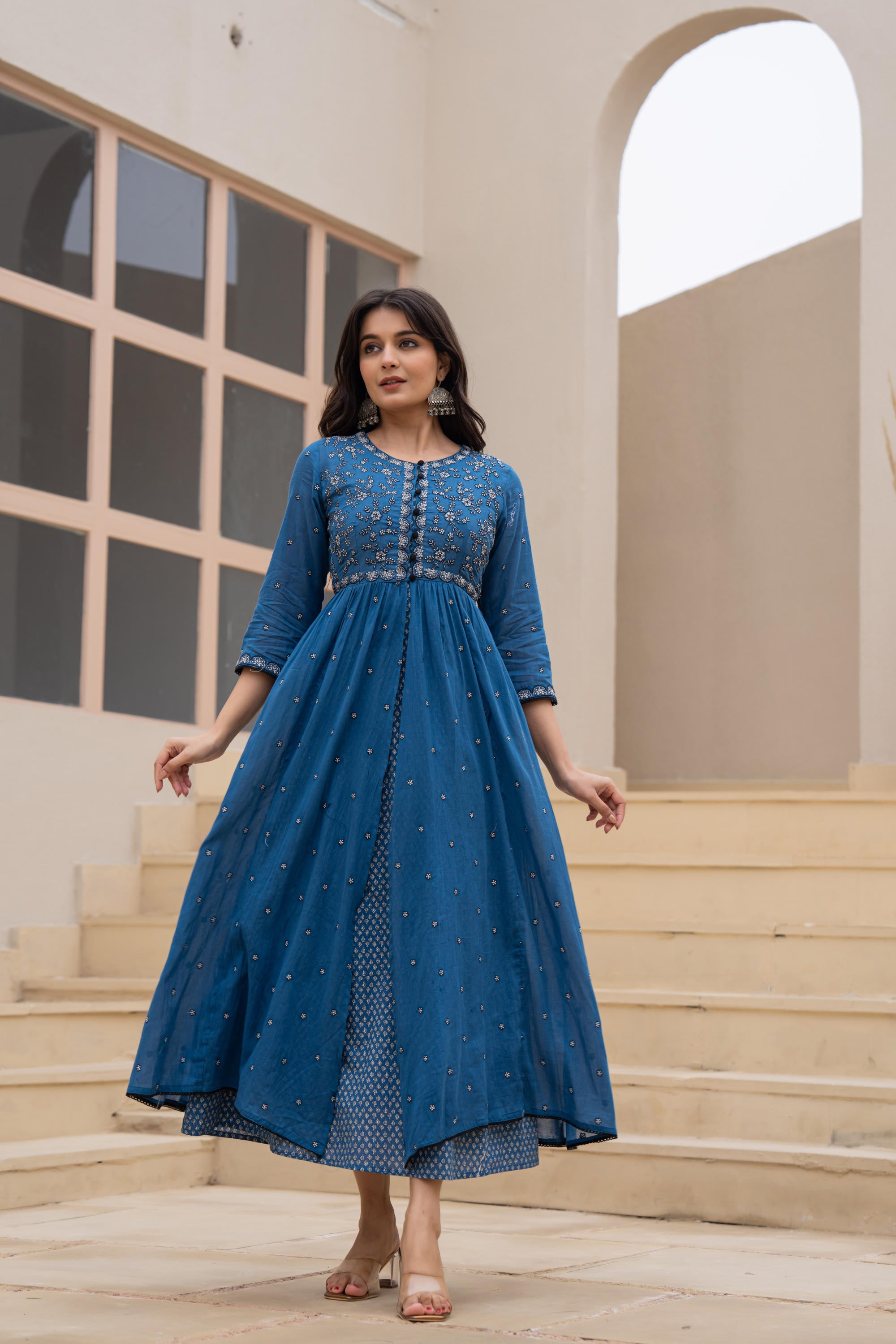 Indigo Floral Embroidered Cotton Dress with Button Closure & Cotton Lace