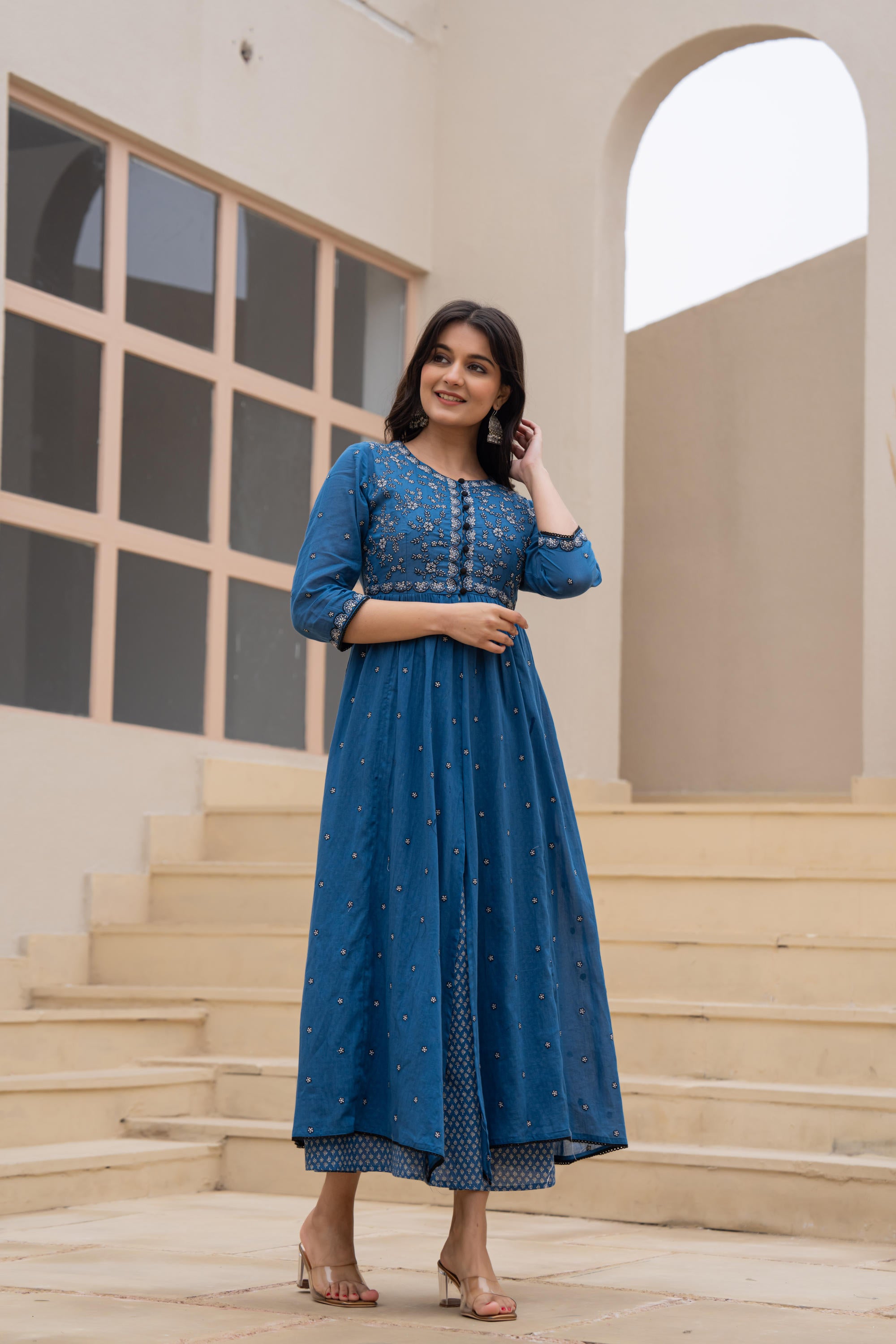 Indigo Floral Embroidered Cotton Dress with Button Closure & Cotton Lace