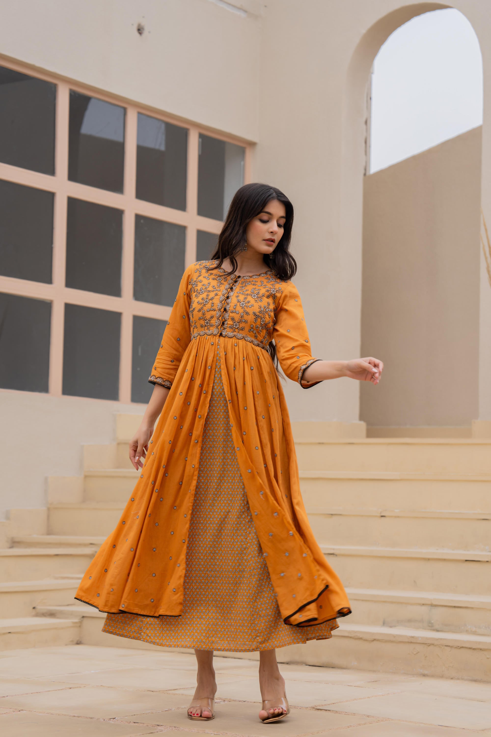 Mustard Floral Embroidered Cotton Dress with Button Closure & Cotton Lace