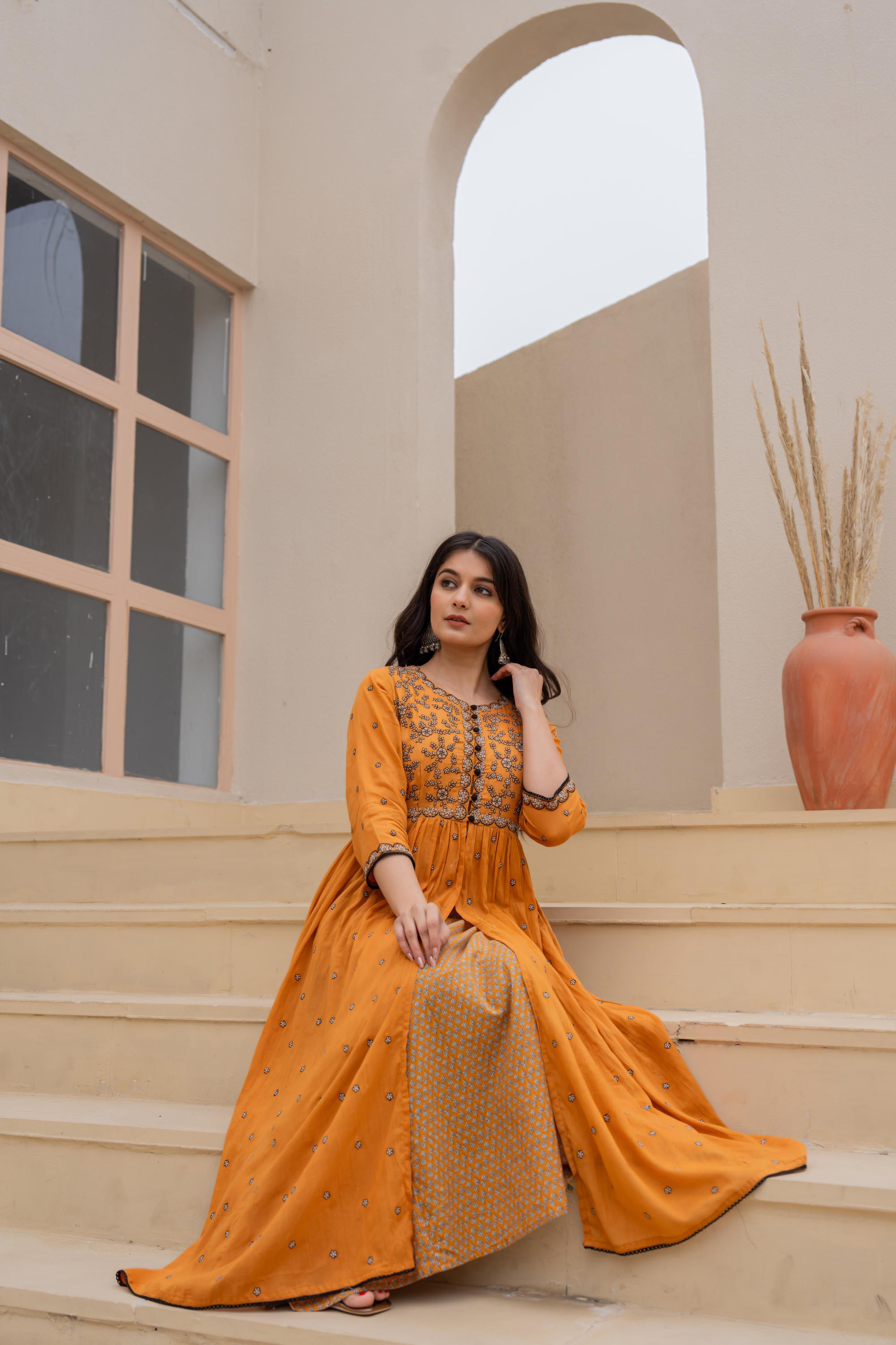 Mustard Floral Embroidered Cotton Dress with Button Closure & Cotton Lace