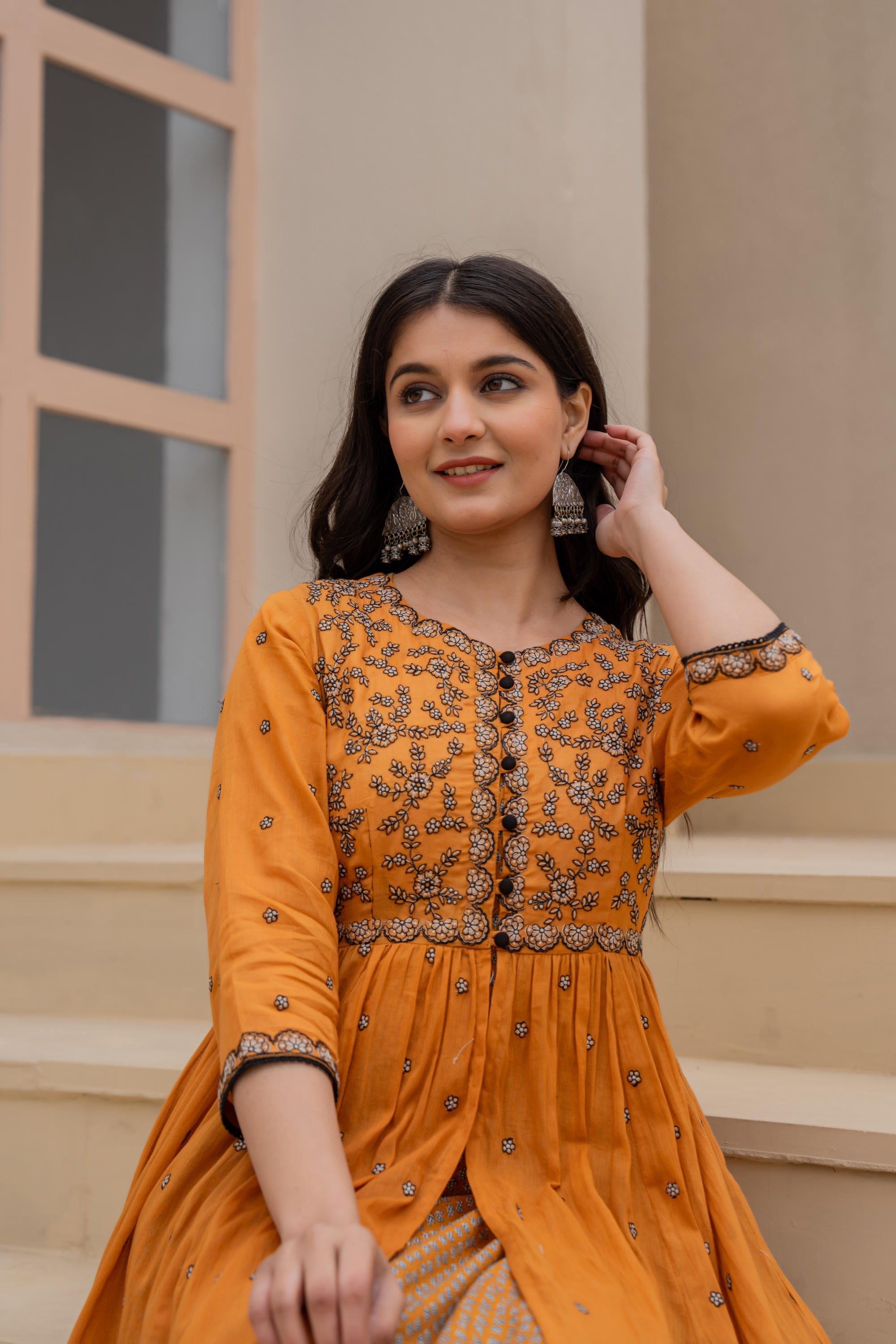 Mustard Floral Embroidered Cotton Dress with Button Closure & Cotton Lace