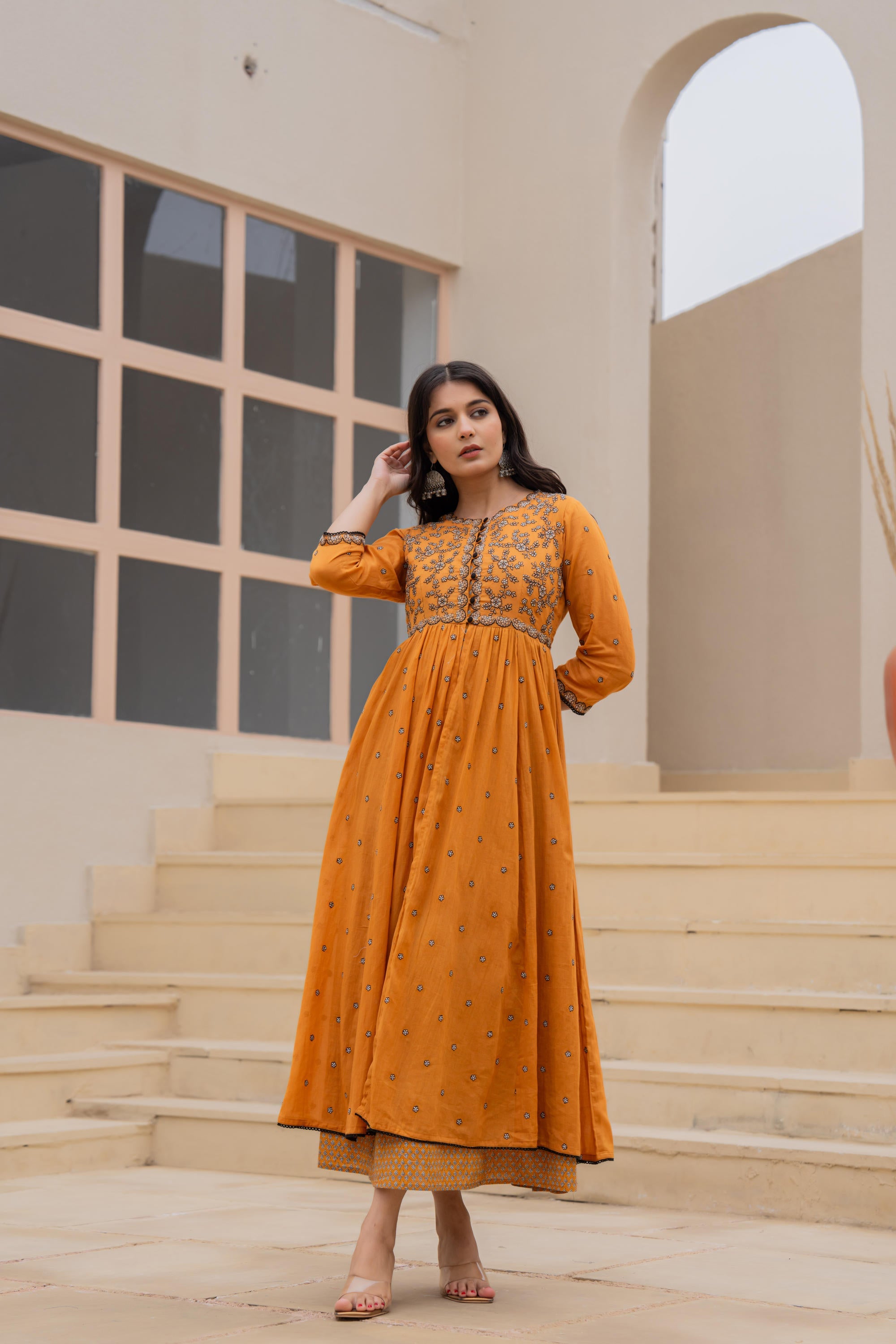 Mustard Floral Embroidered Cotton Dress with Button Closure & Cotton Lace