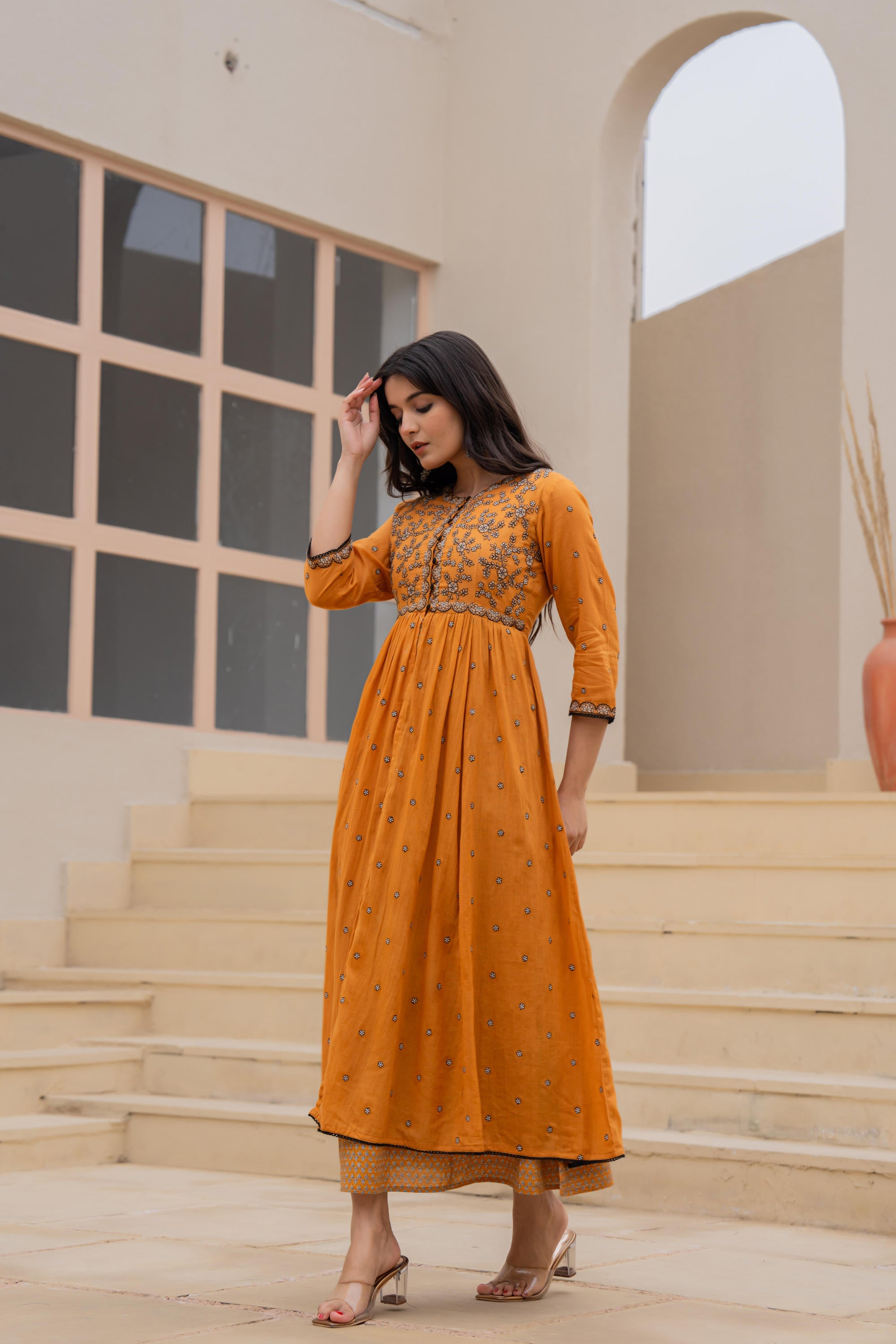 Mustard Floral Embroidered Cotton Dress with Button Closure & Cotton Lace