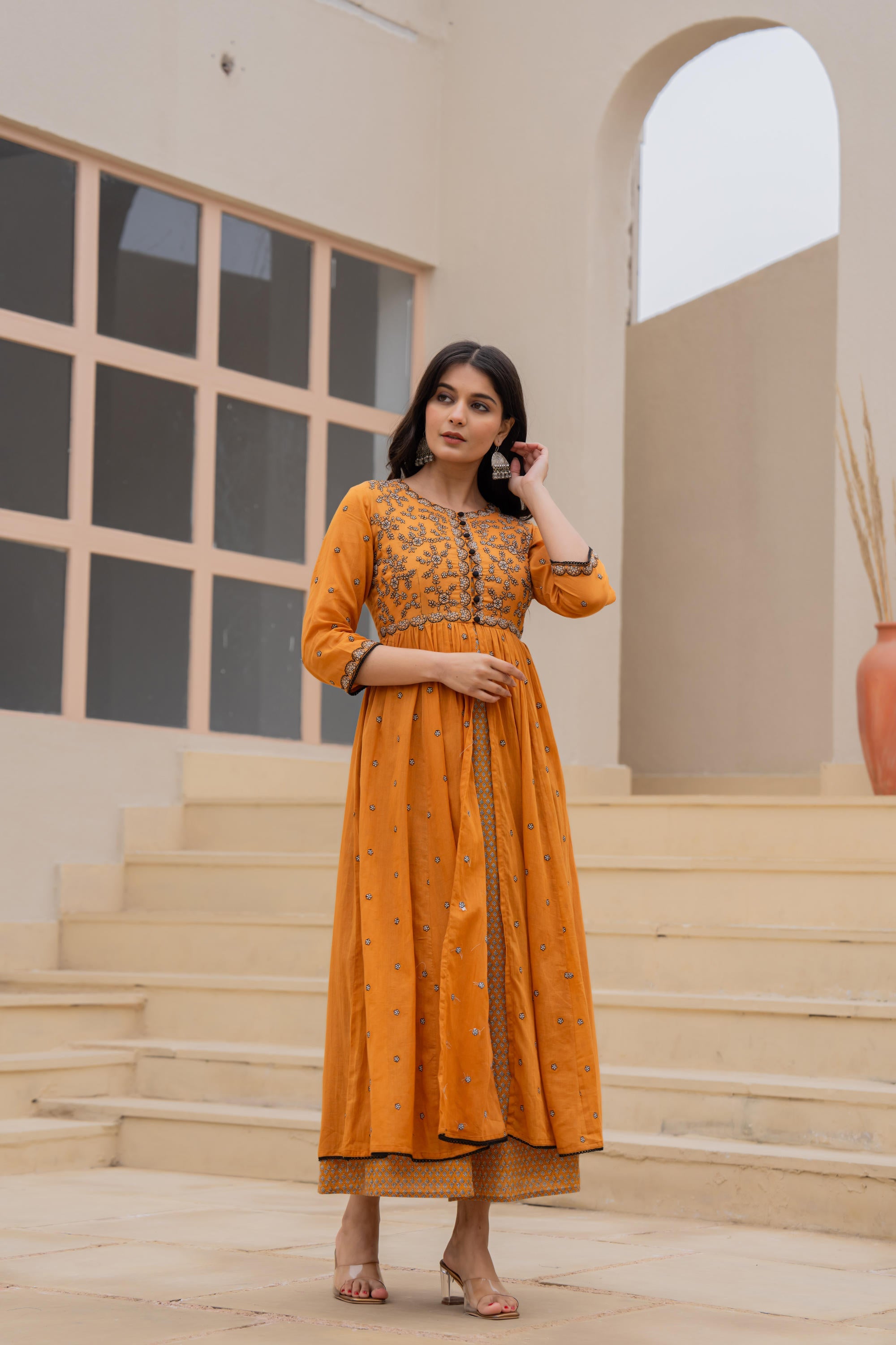 Mustard Floral Embroidered Cotton Dress with Button Closure & Cotton Lace