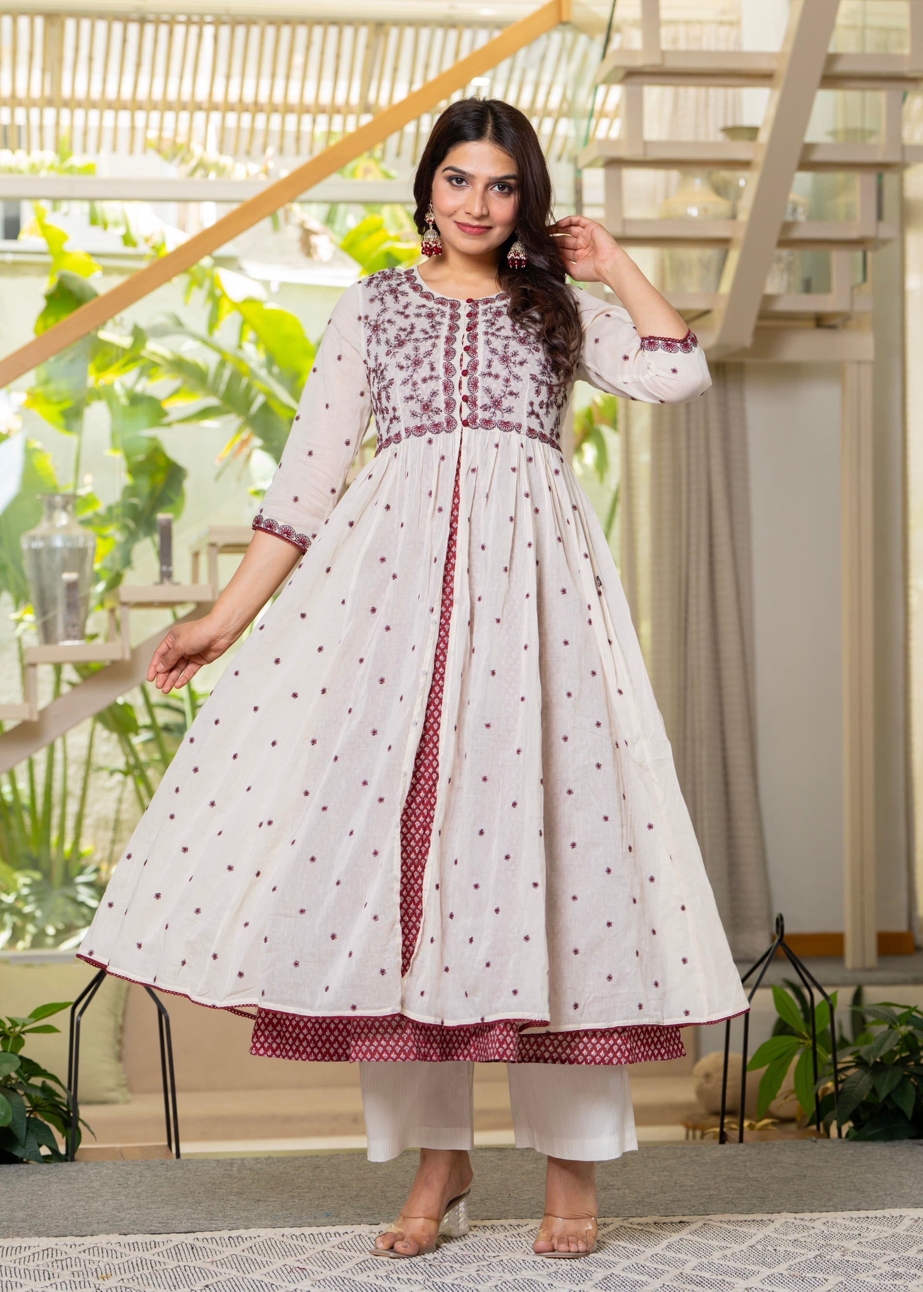 Cotton Fit & Flare Layered Dress with Thread Work & Buttons