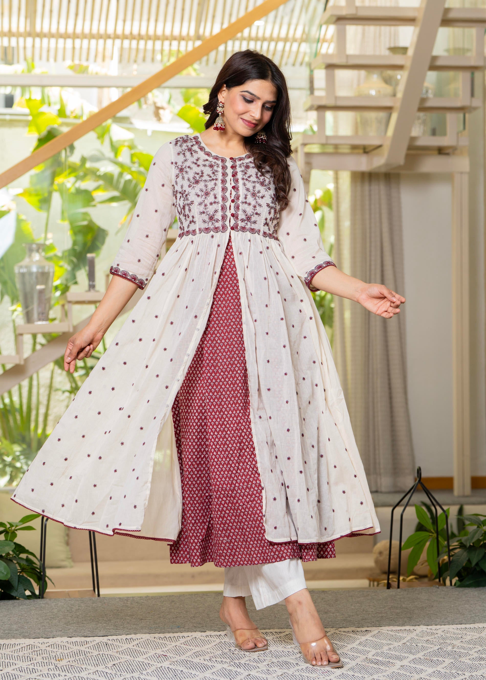 Cotton Fit & Flare Layered Dress with Thread Work & Buttons