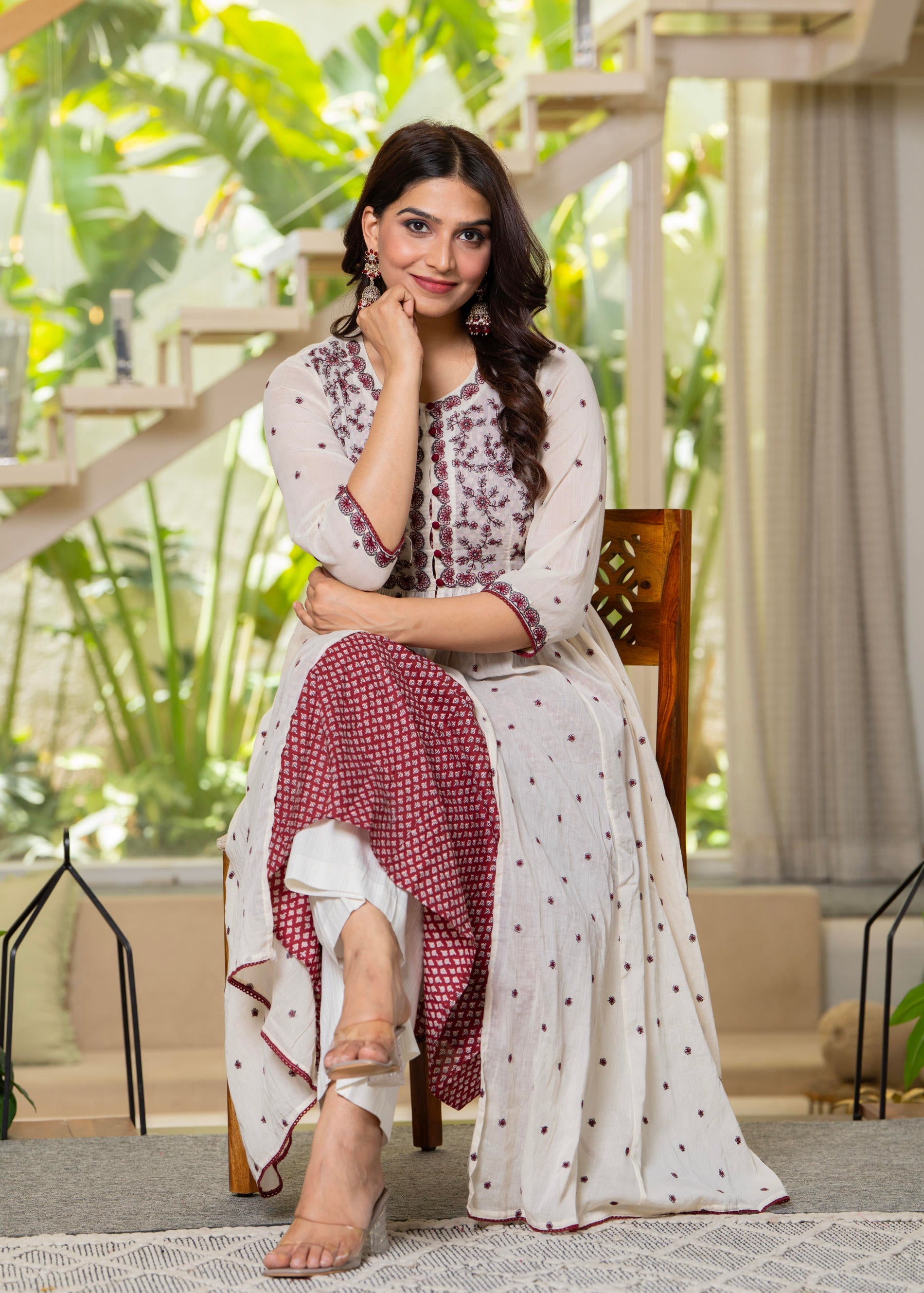 Cotton Fit & Flare Layered Dress with Thread Work & Buttons