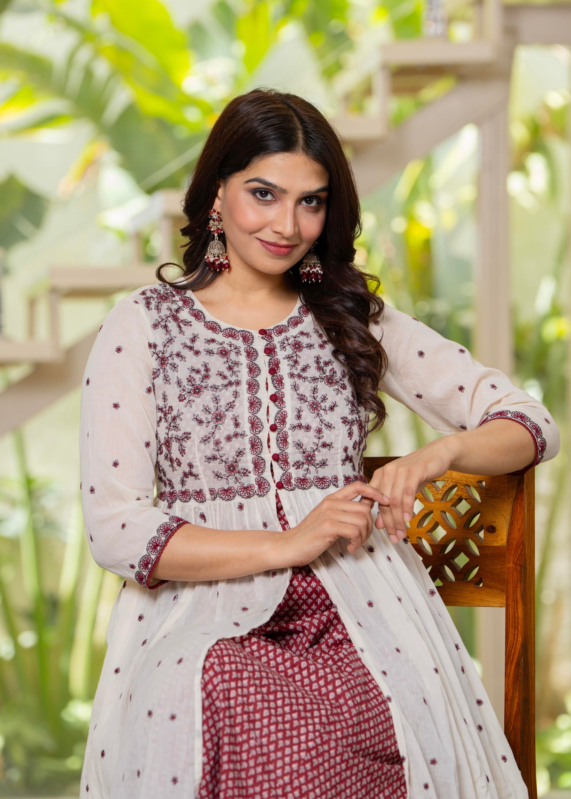 Cotton Fit & Flare Layered Dress with Thread Work & Buttons