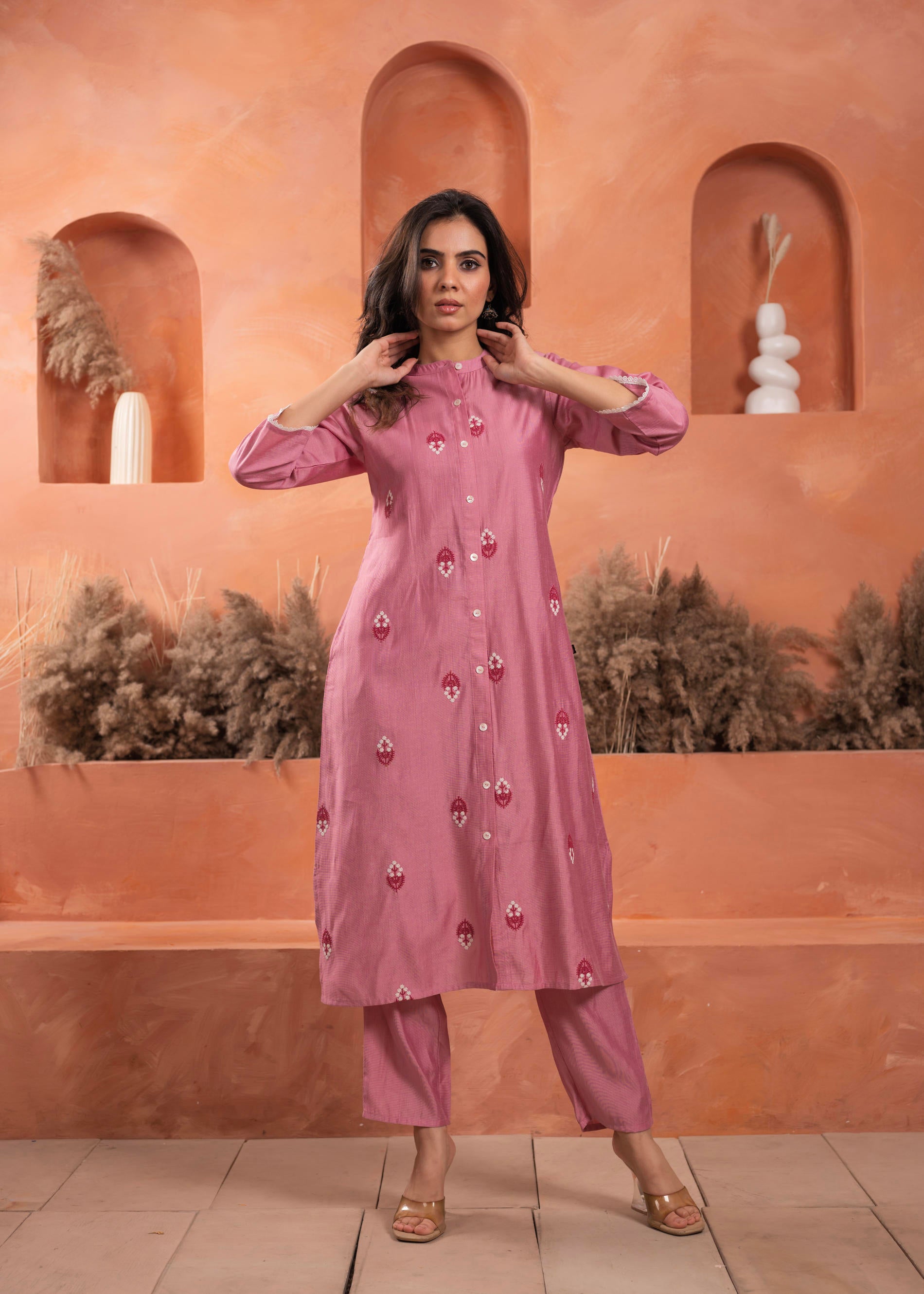 Pink Olive embroiderd kurta and solid bottom with cotton lace