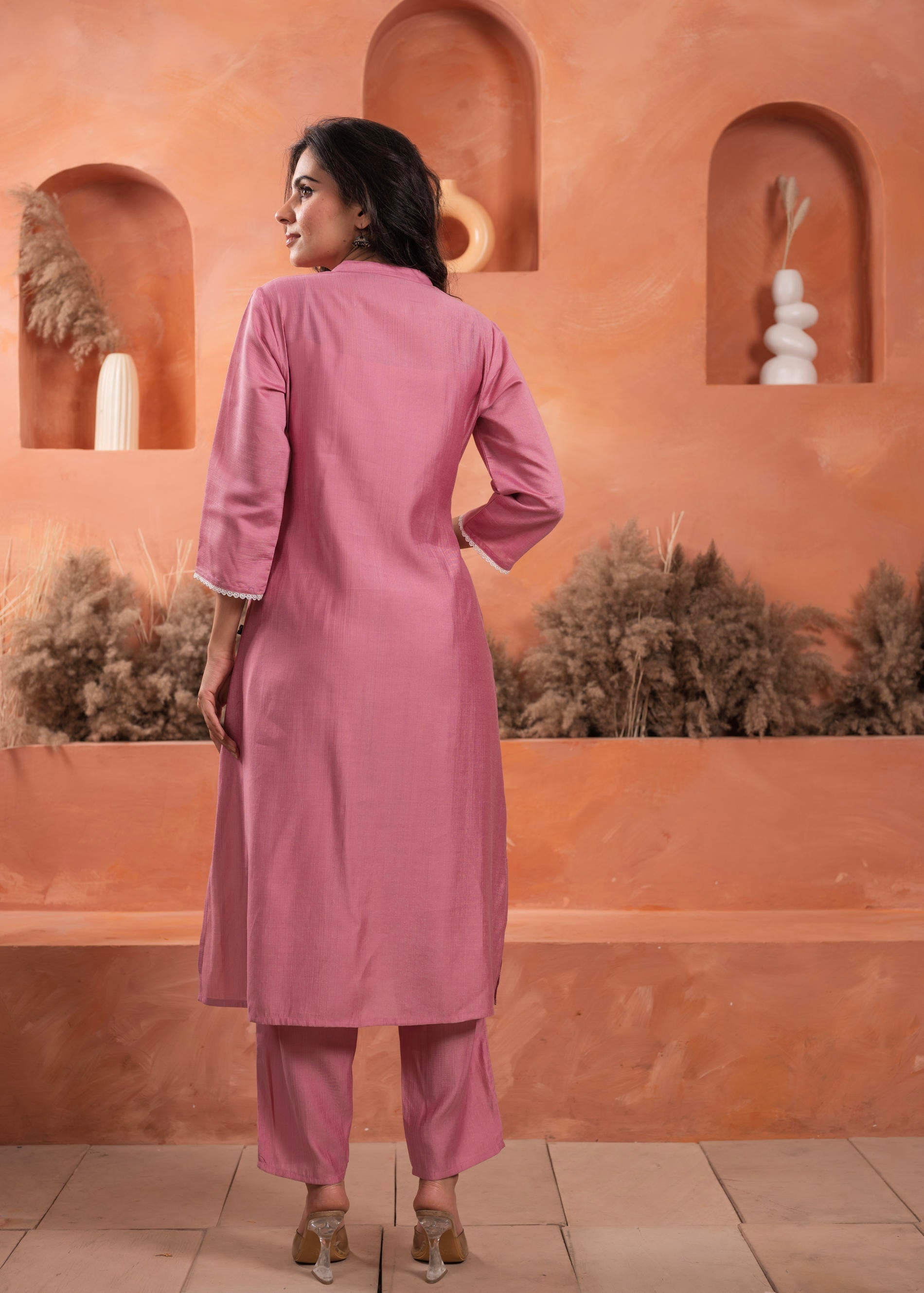 Pink Olive embroiderd kurta and solid bottom with cotton lace
