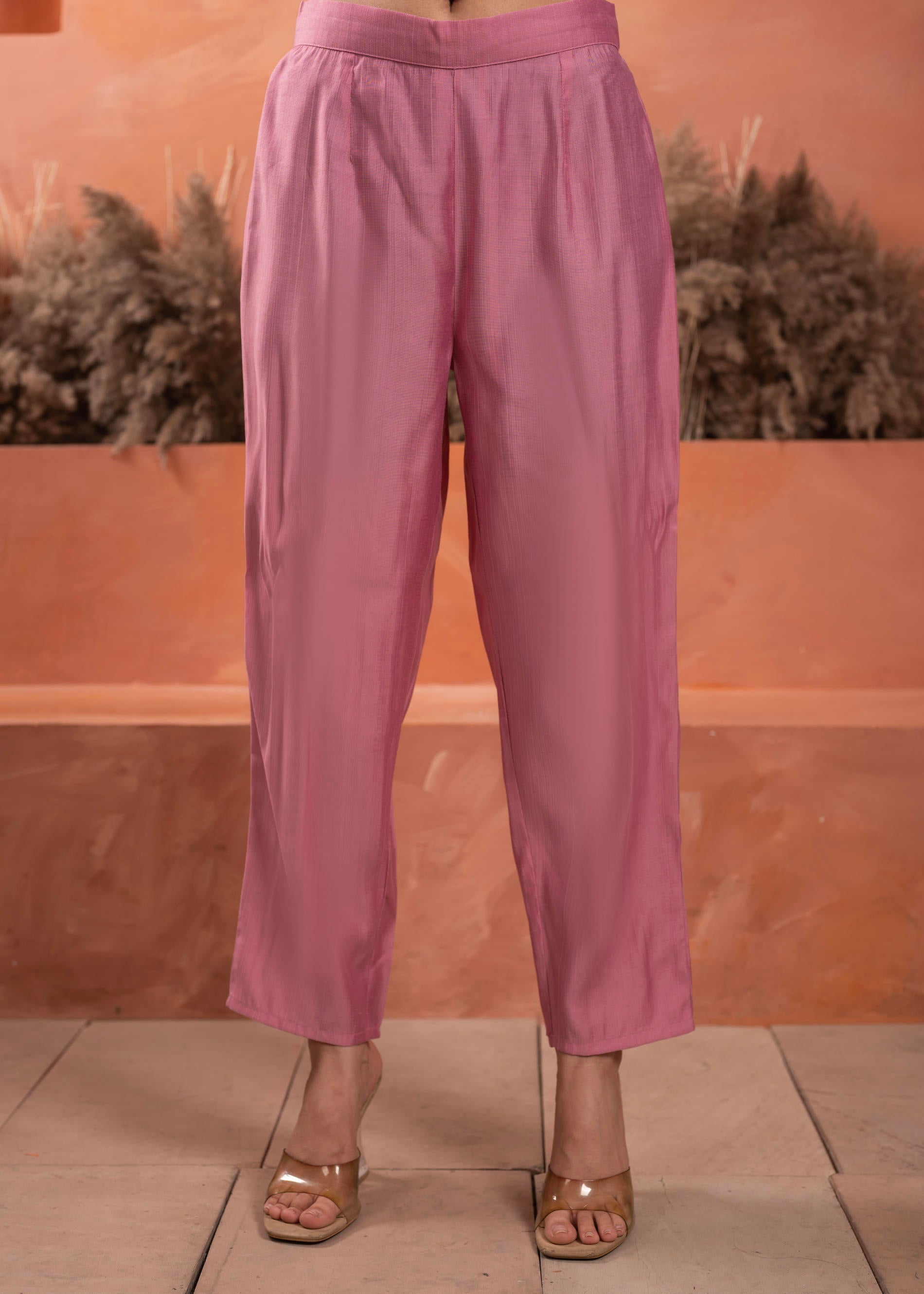 Pink Olive embroiderd kurta and solid bottom with cotton lace