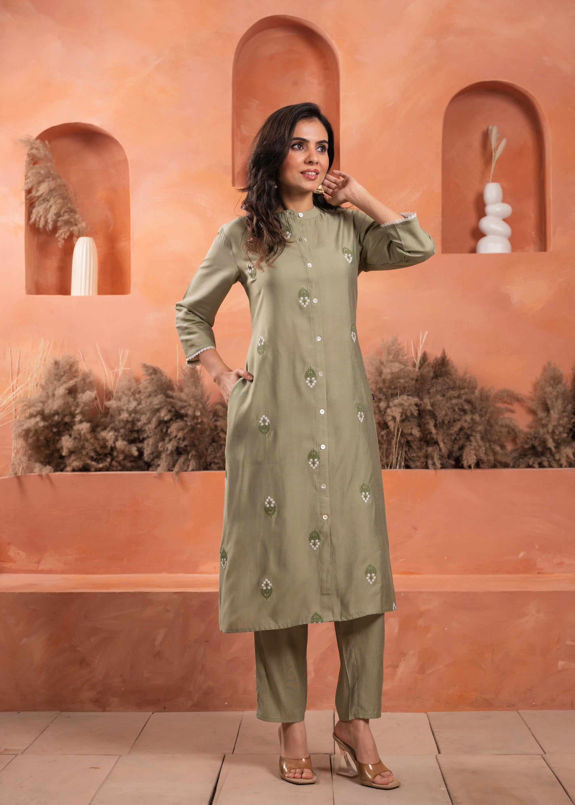 Olive embroiderd kurta and solid bottom with cotton lace and buttons