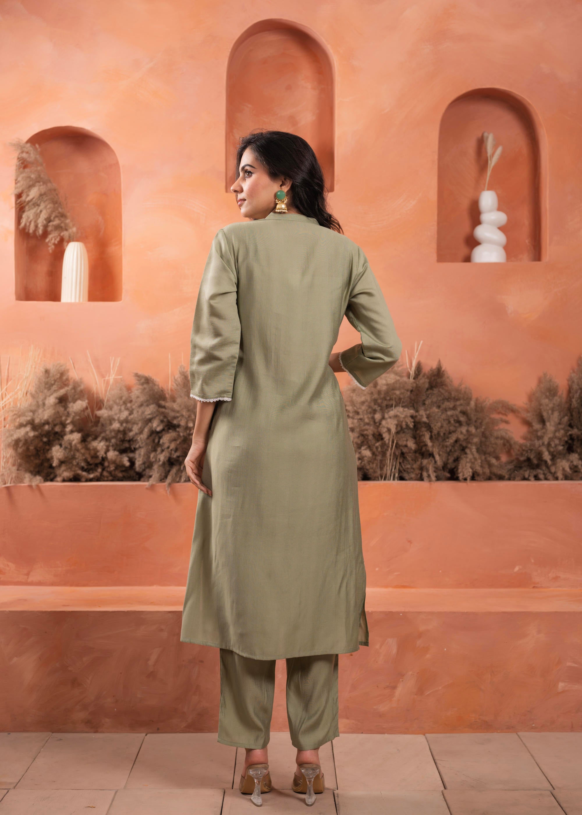 Olive embroiderd kurta and solid bottom with cotton lace and buttons