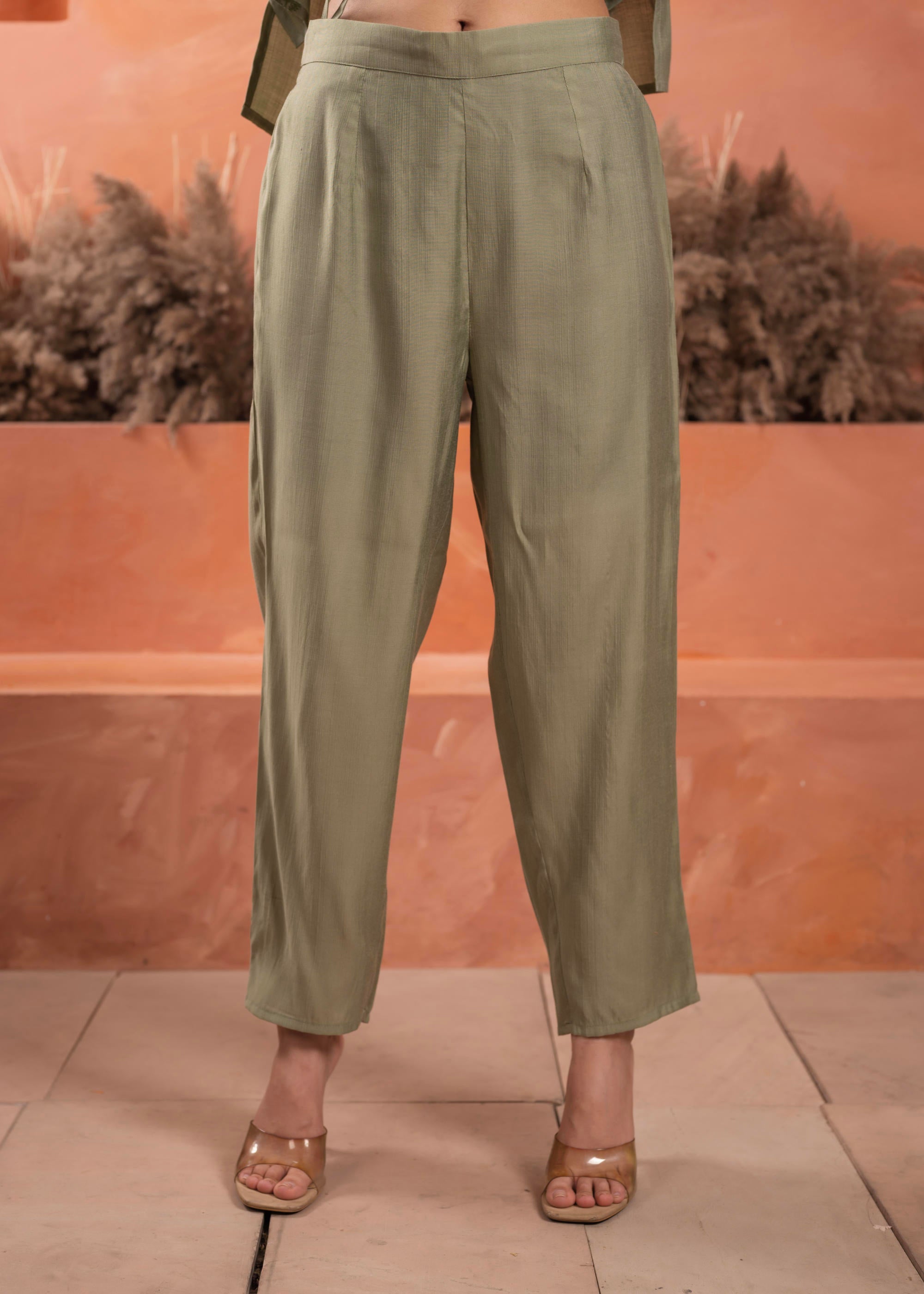 Olive embroiderd kurta and solid bottom with cotton lace and buttons