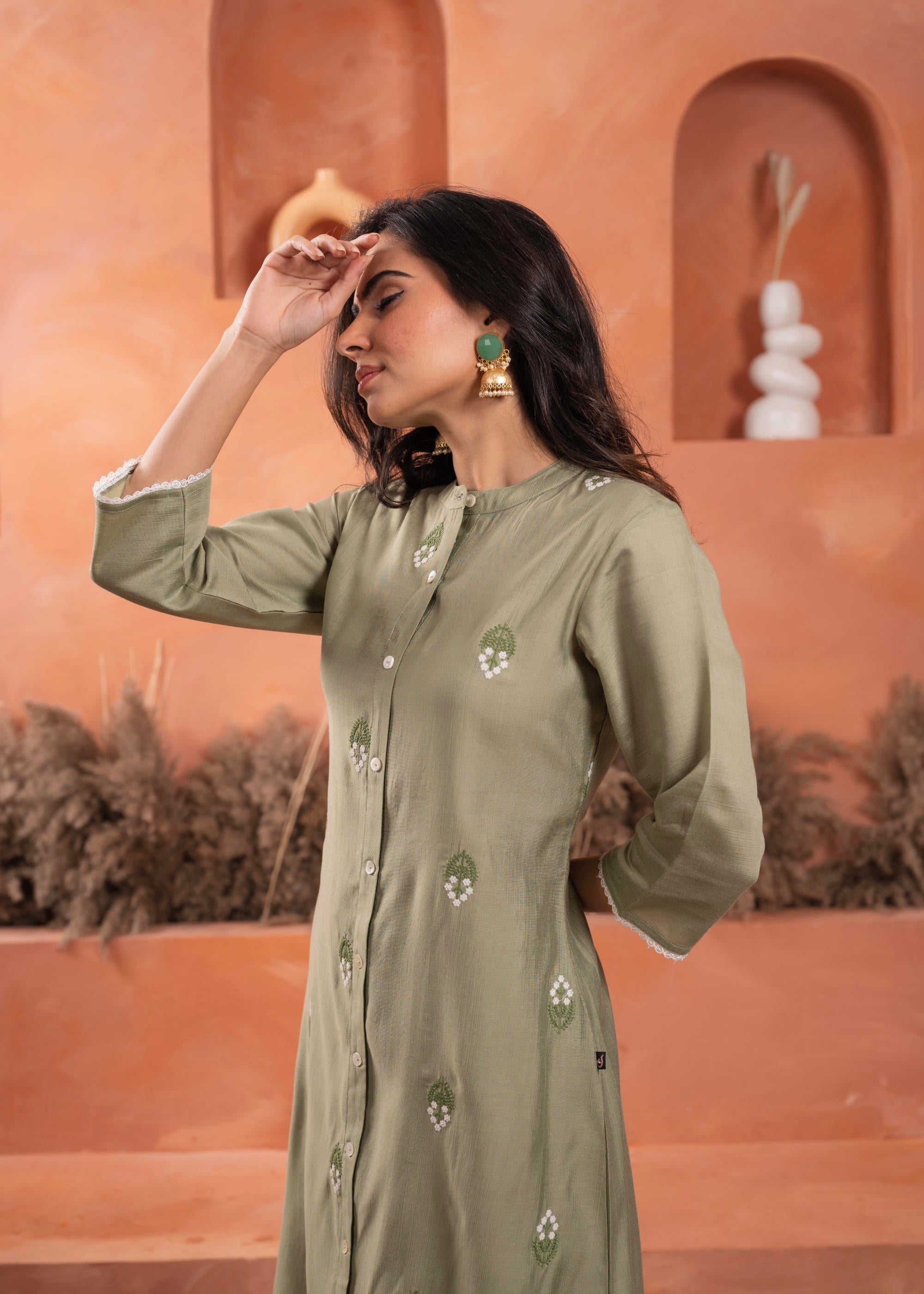 Olive embroiderd kurta and solid bottom with cotton lace and buttons