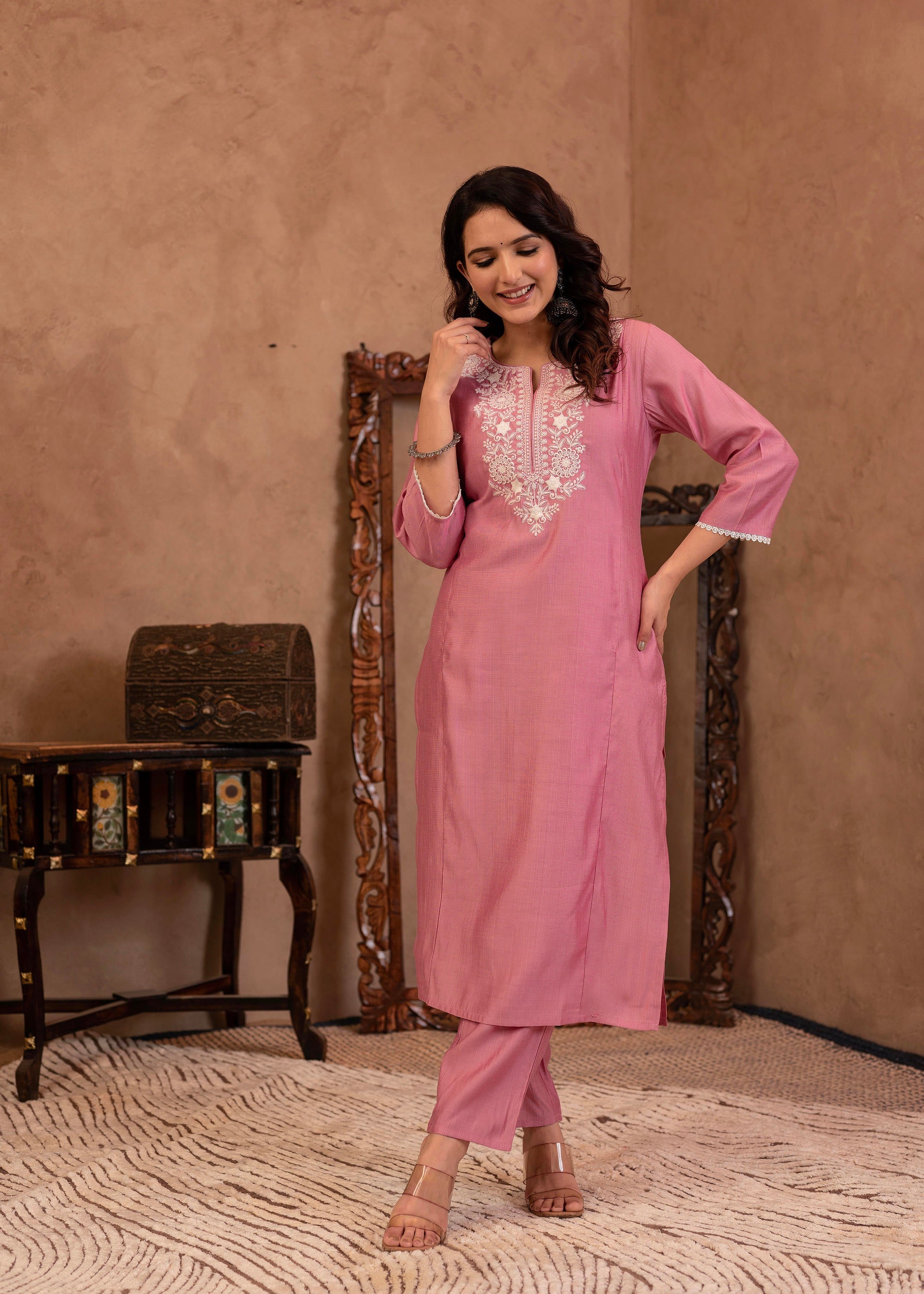 Pink Embroidered Viscose Kurta-Palazzo Set with Thread Work & Cotton Lace