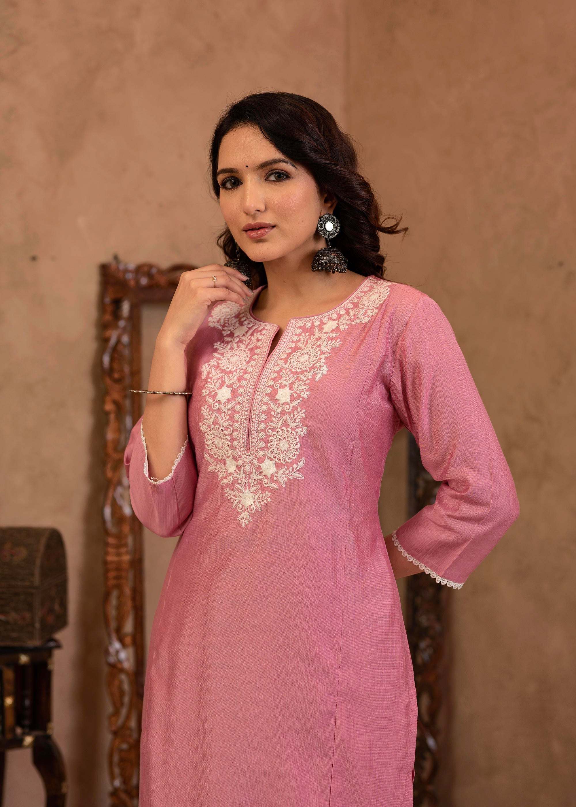 Pink Embroidered Viscose Kurta-Palazzo Set with Thread Work & Cotton Lace