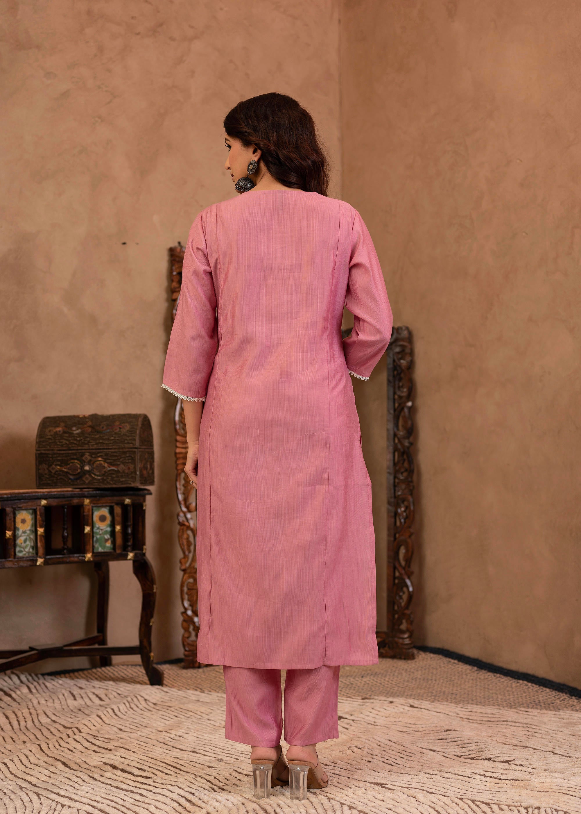 Pink Embroidered Viscose Kurta-Palazzo Set with Thread Work & Cotton Lace