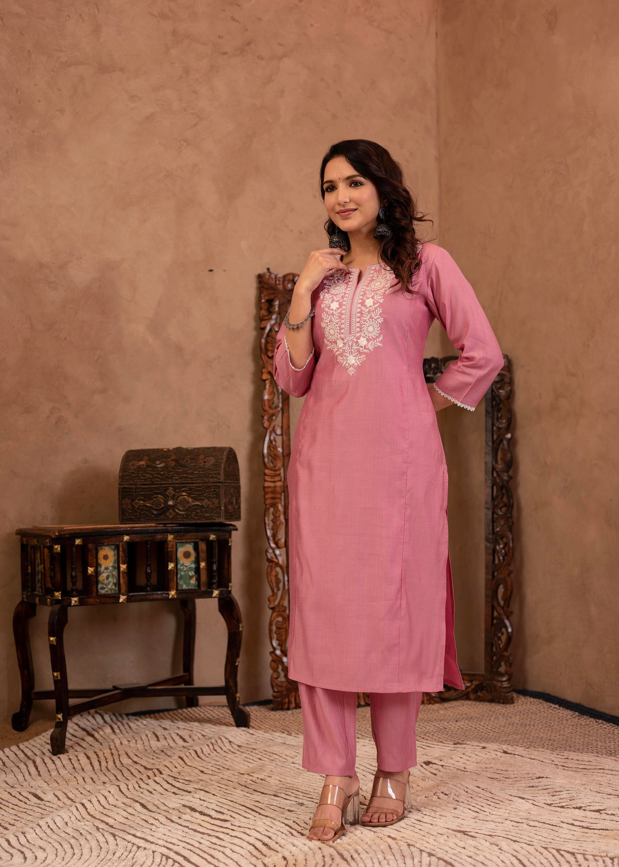 Pink Embroidered Viscose Kurta-Palazzo Set with Thread Work & Cotton Lace