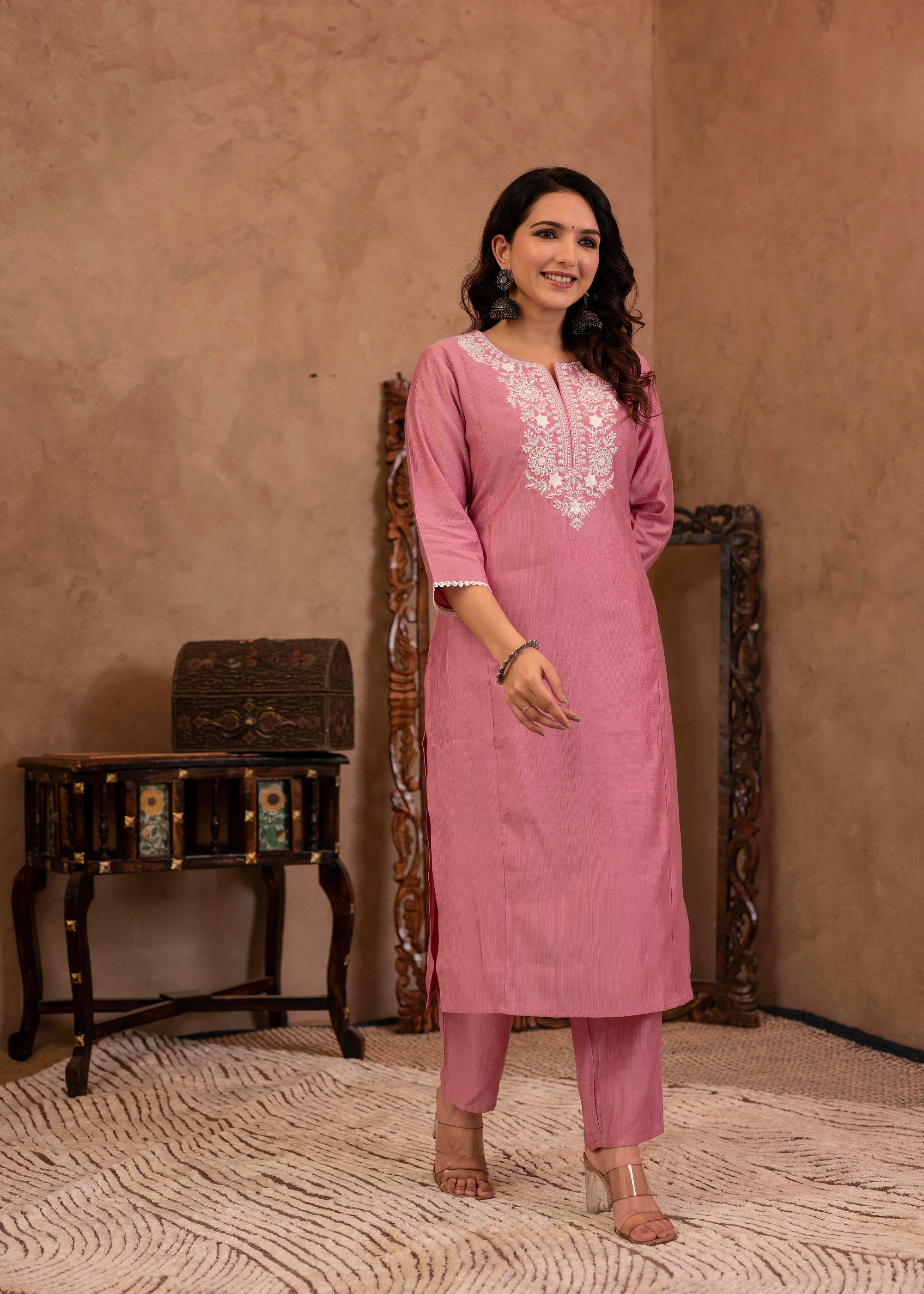 Pink Embroidered Viscose Kurta-Palazzo Set with Thread Work & Cotton Lace