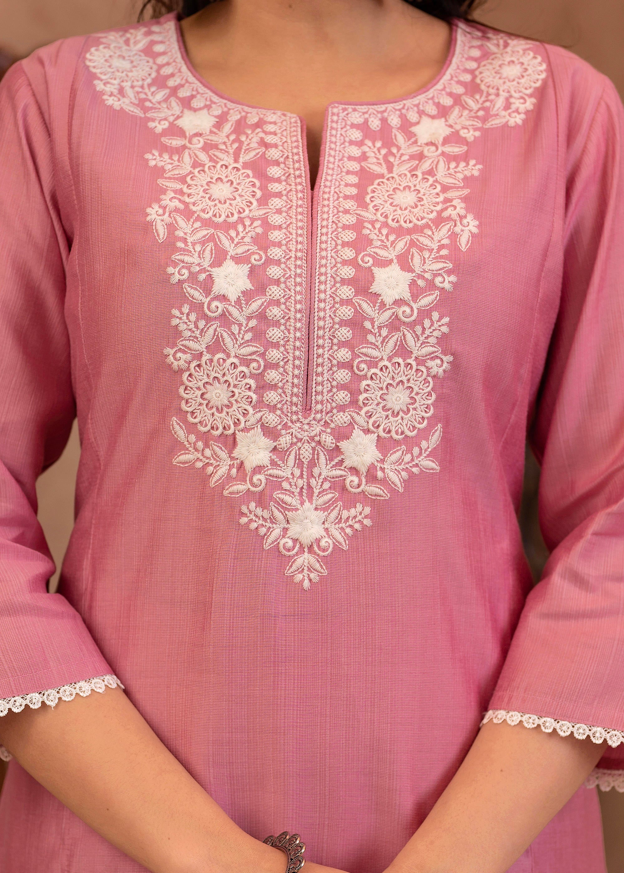 Pink Embroidered Viscose Kurta-Palazzo Set with Thread Work & Cotton Lace
