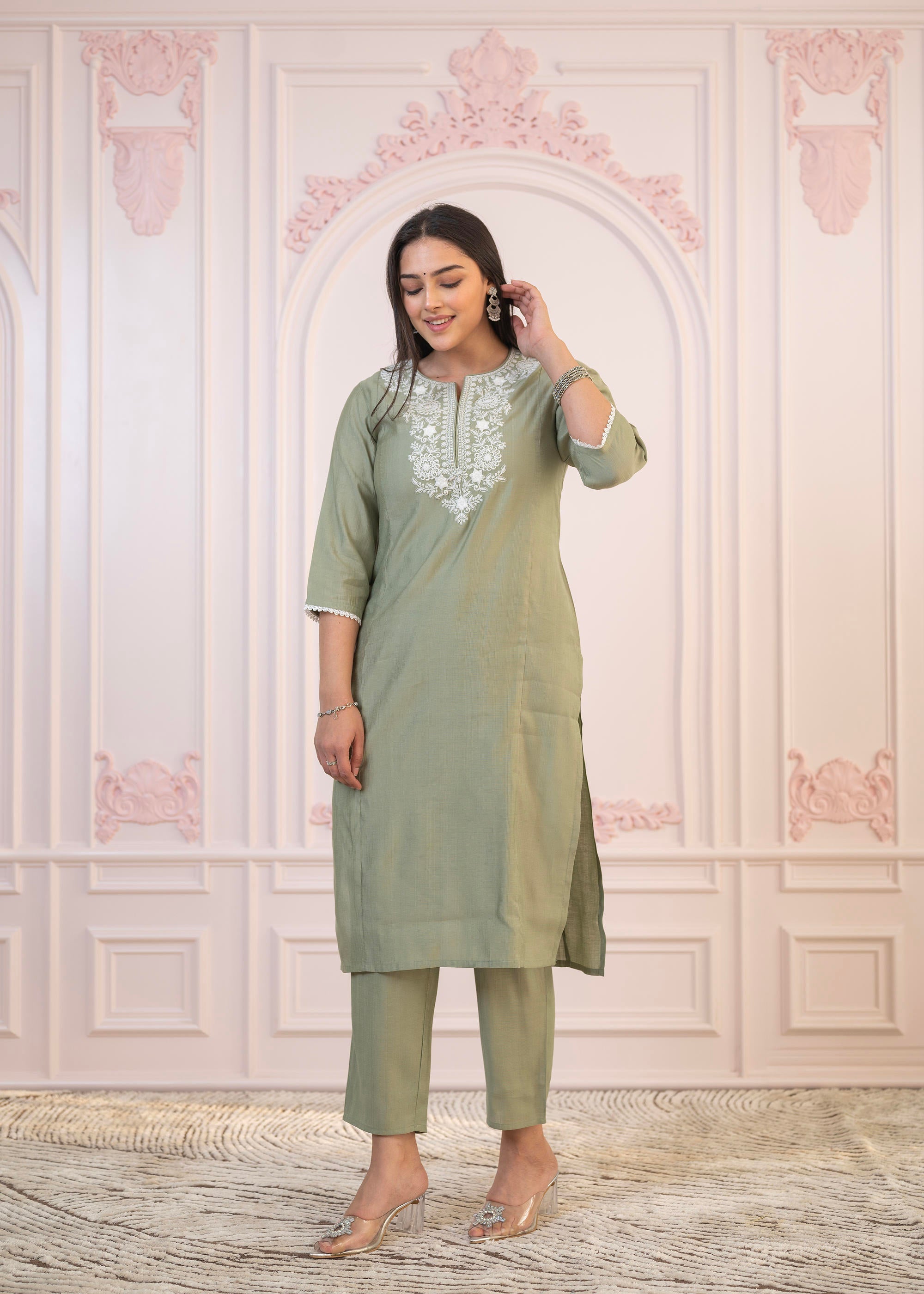Sage Green Embroidered Viscose Kurta-Palazzo Set with Thread Work & Cotton Lace