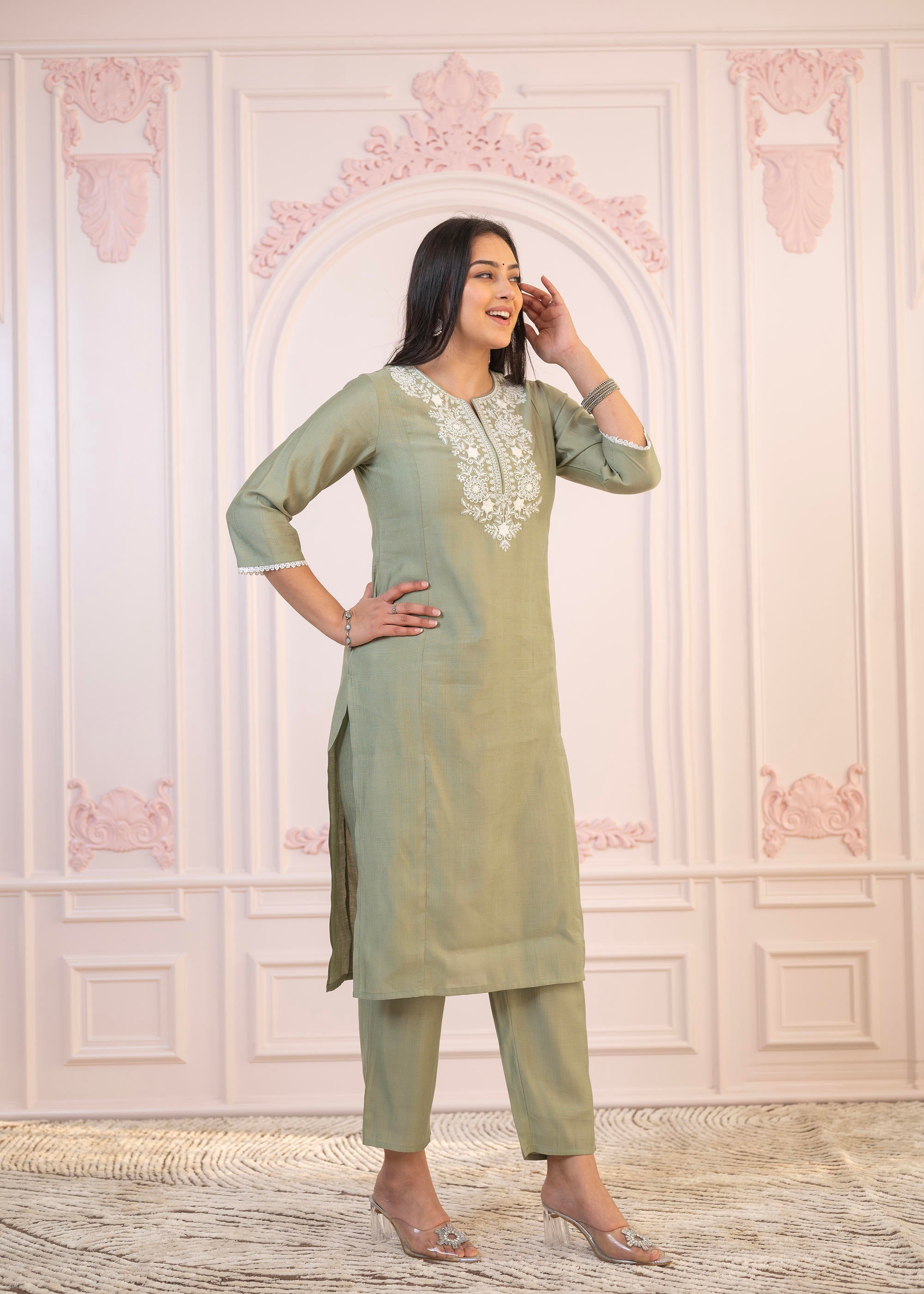 Sage Green Embroidered Viscose Kurta-Palazzo Set with Thread Work & Cotton Lace