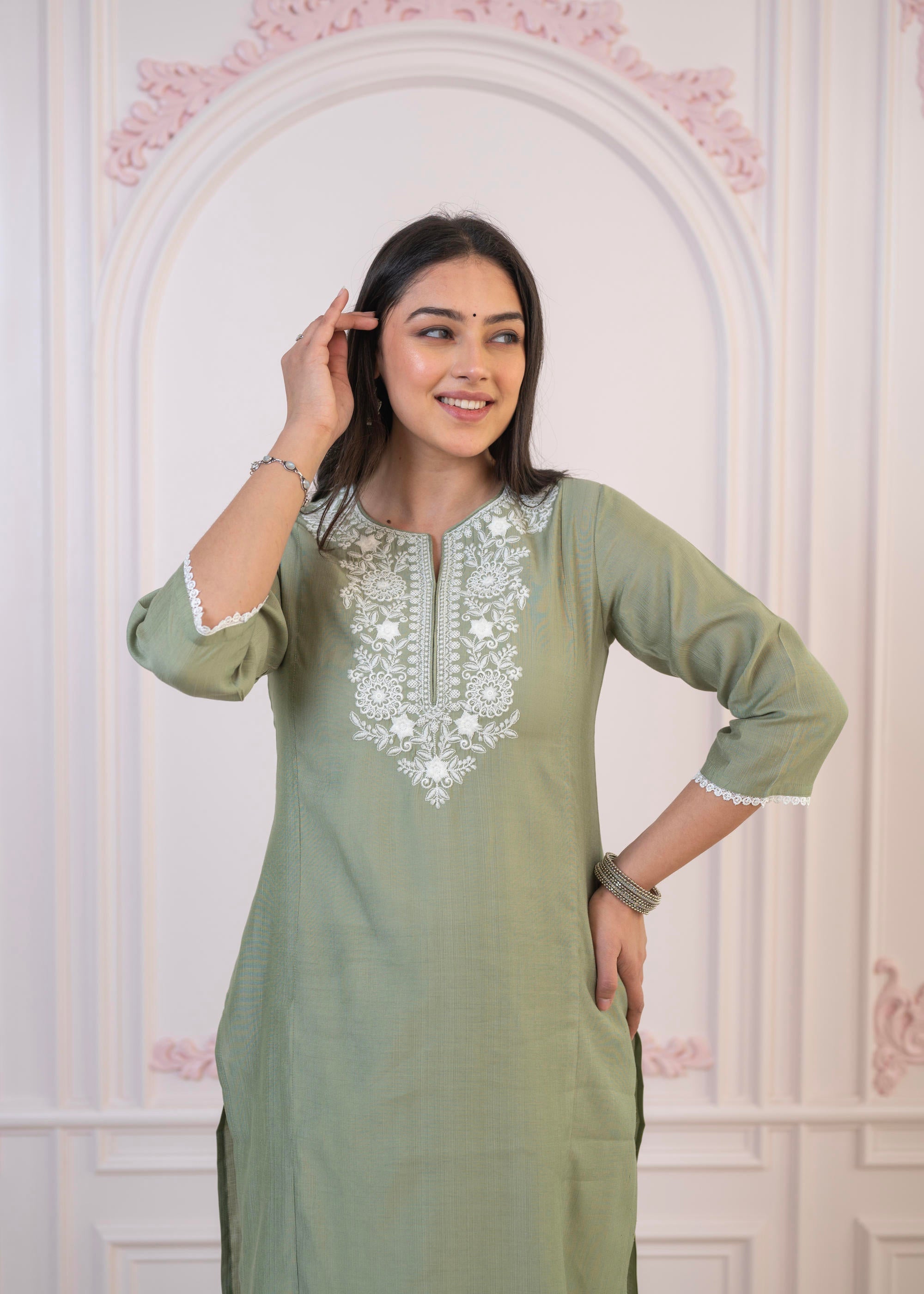 Sage Green Embroidered Viscose Kurta-Palazzo Set with Thread Work & Cotton Lace