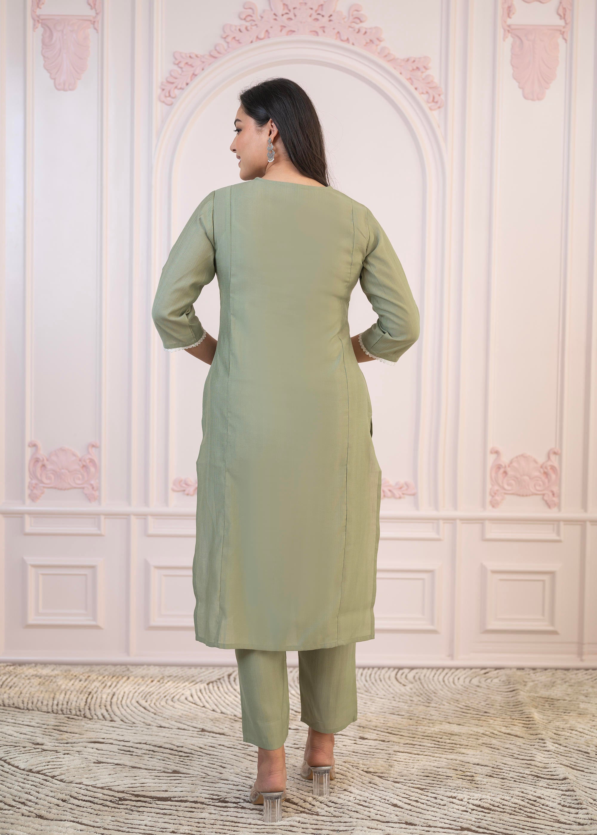 Sage Green Embroidered Viscose Kurta-Palazzo Set with Thread Work & Cotton Lace