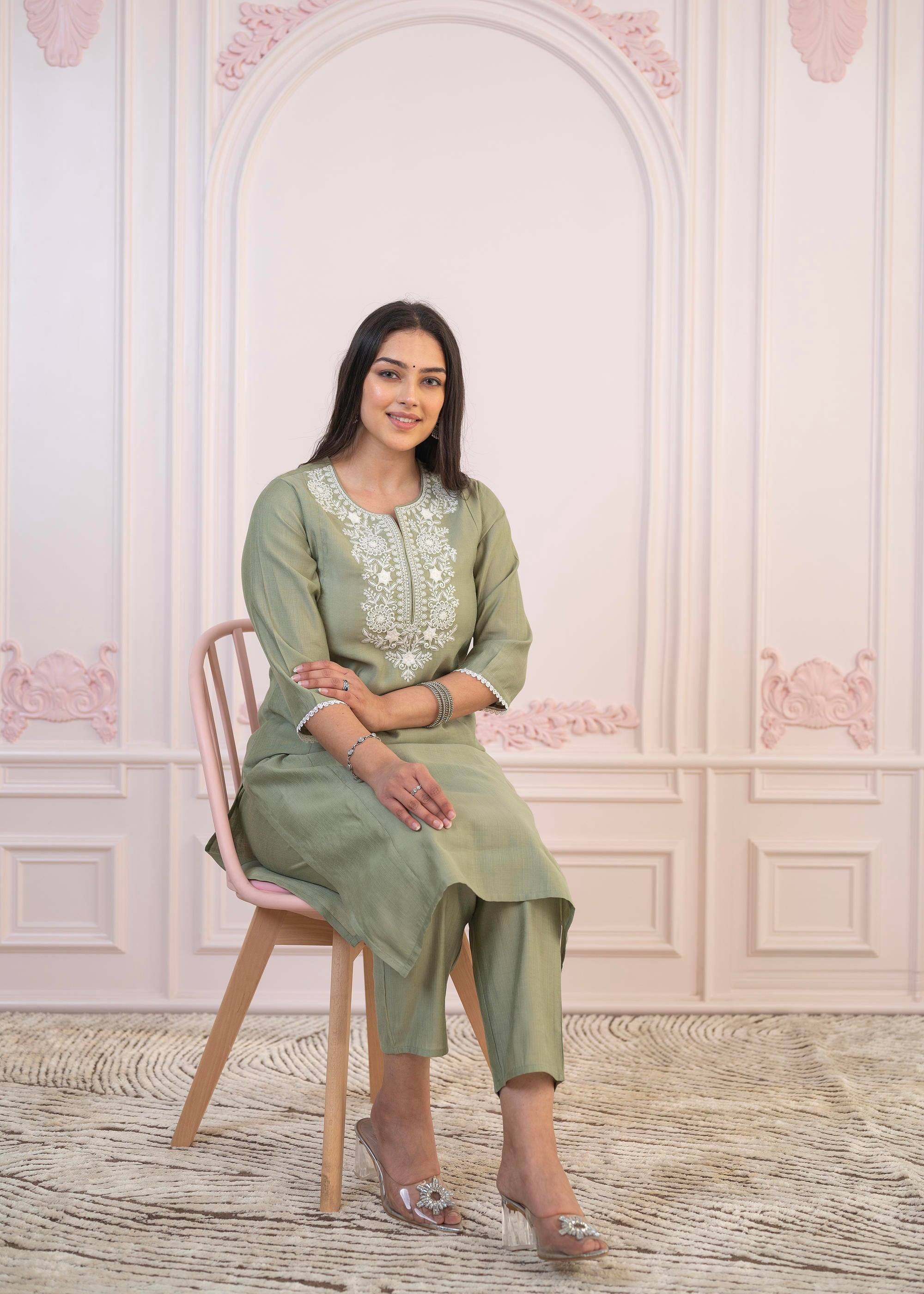 Sage Green Embroidered Viscose Kurta-Palazzo Set with Thread Work & Cotton Lace
