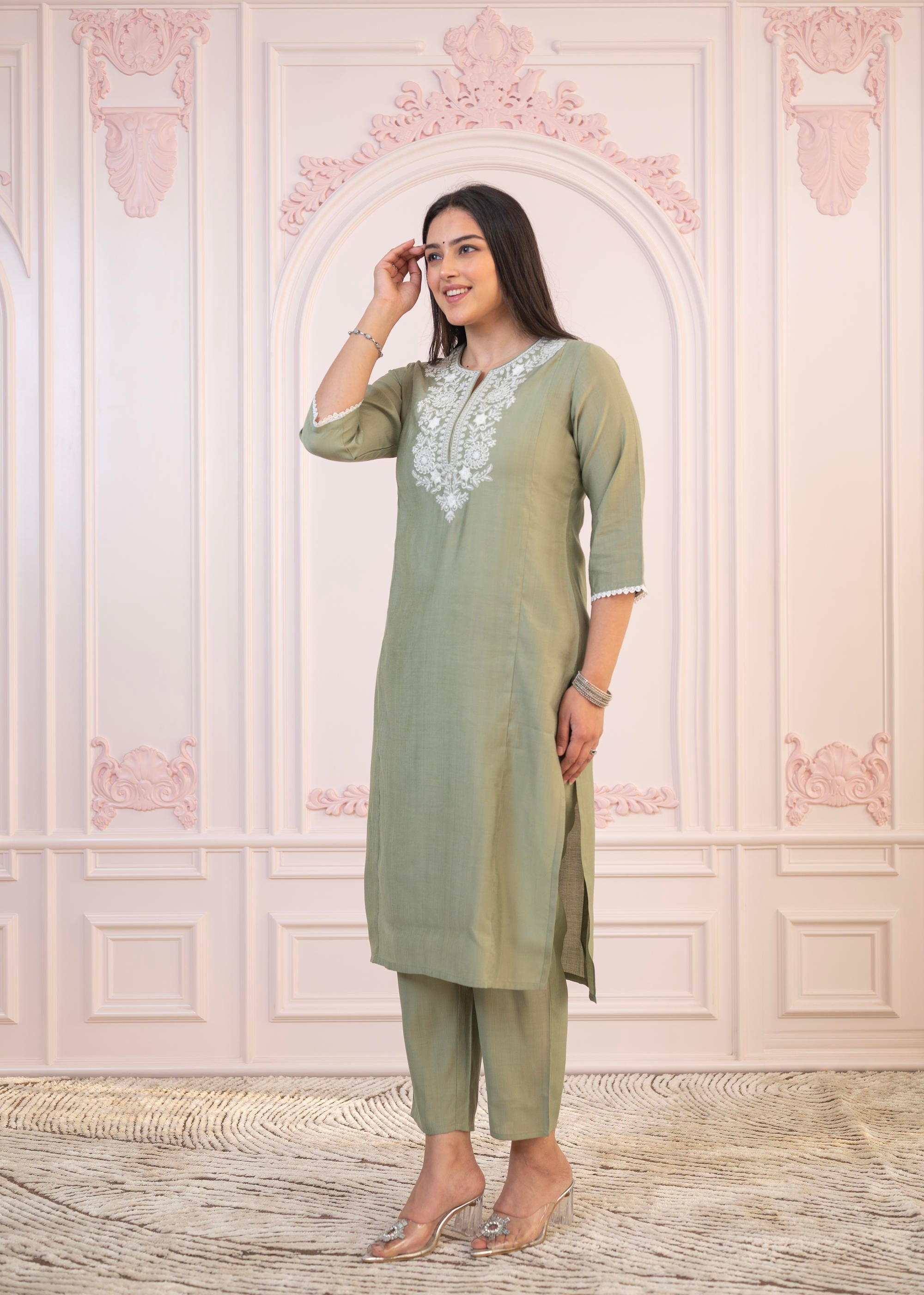 Sage Green Embroidered Viscose Kurta-Palazzo Set with Thread Work & Cotton Lace