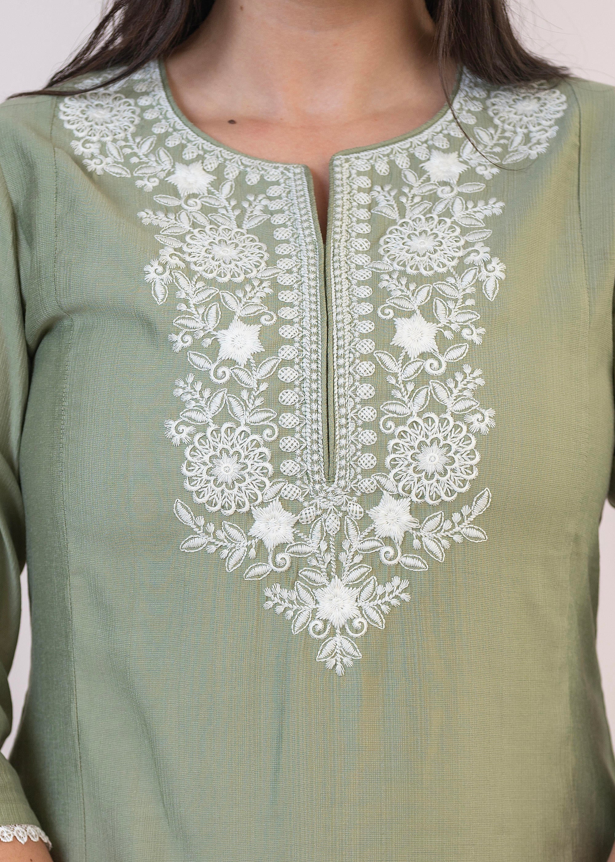 Sage Green Embroidered Viscose Kurta-Palazzo Set with Thread Work & Cotton Lace