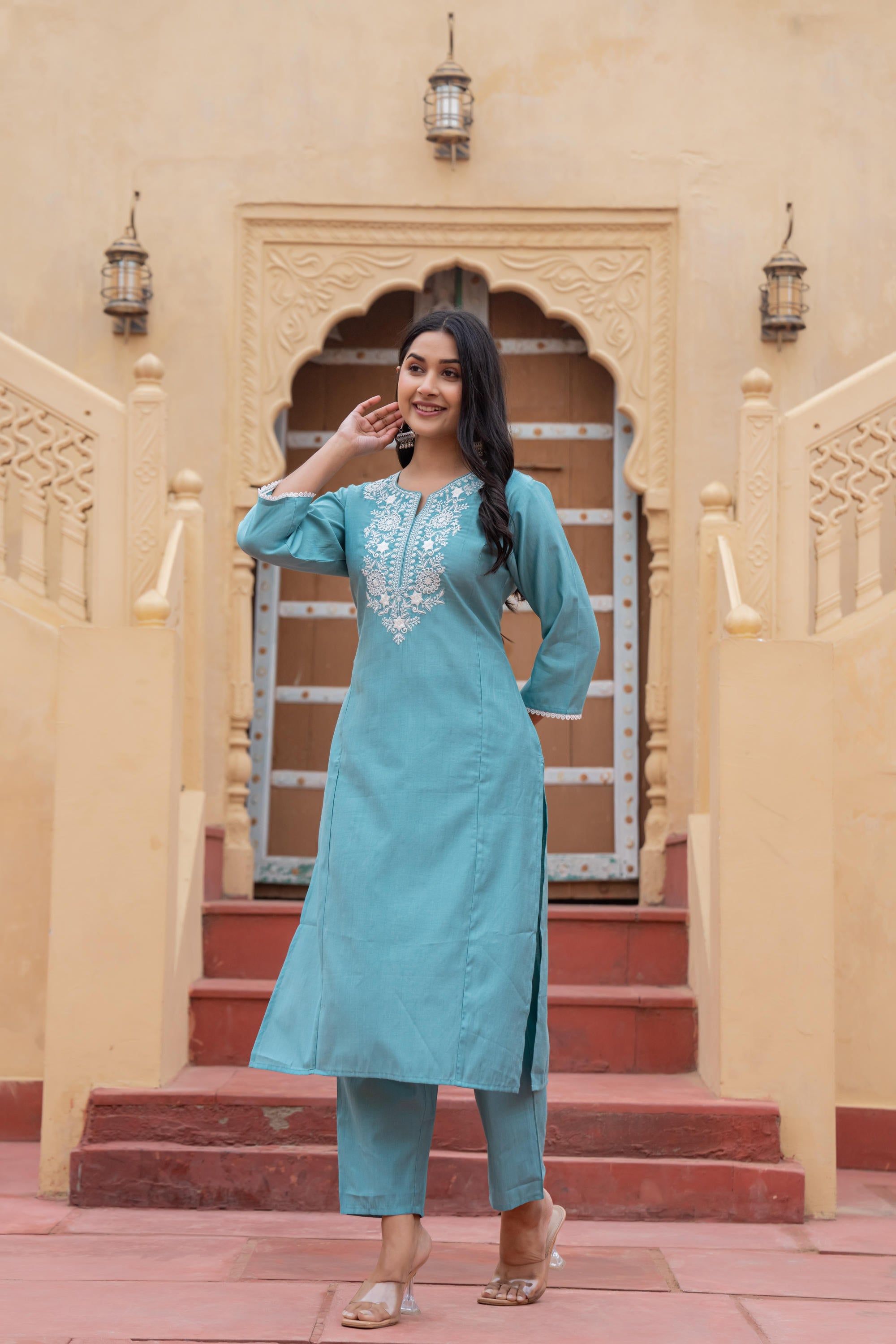 Turquoise Solid Viscose Kurta & Pant Set With Thread Work & Lace