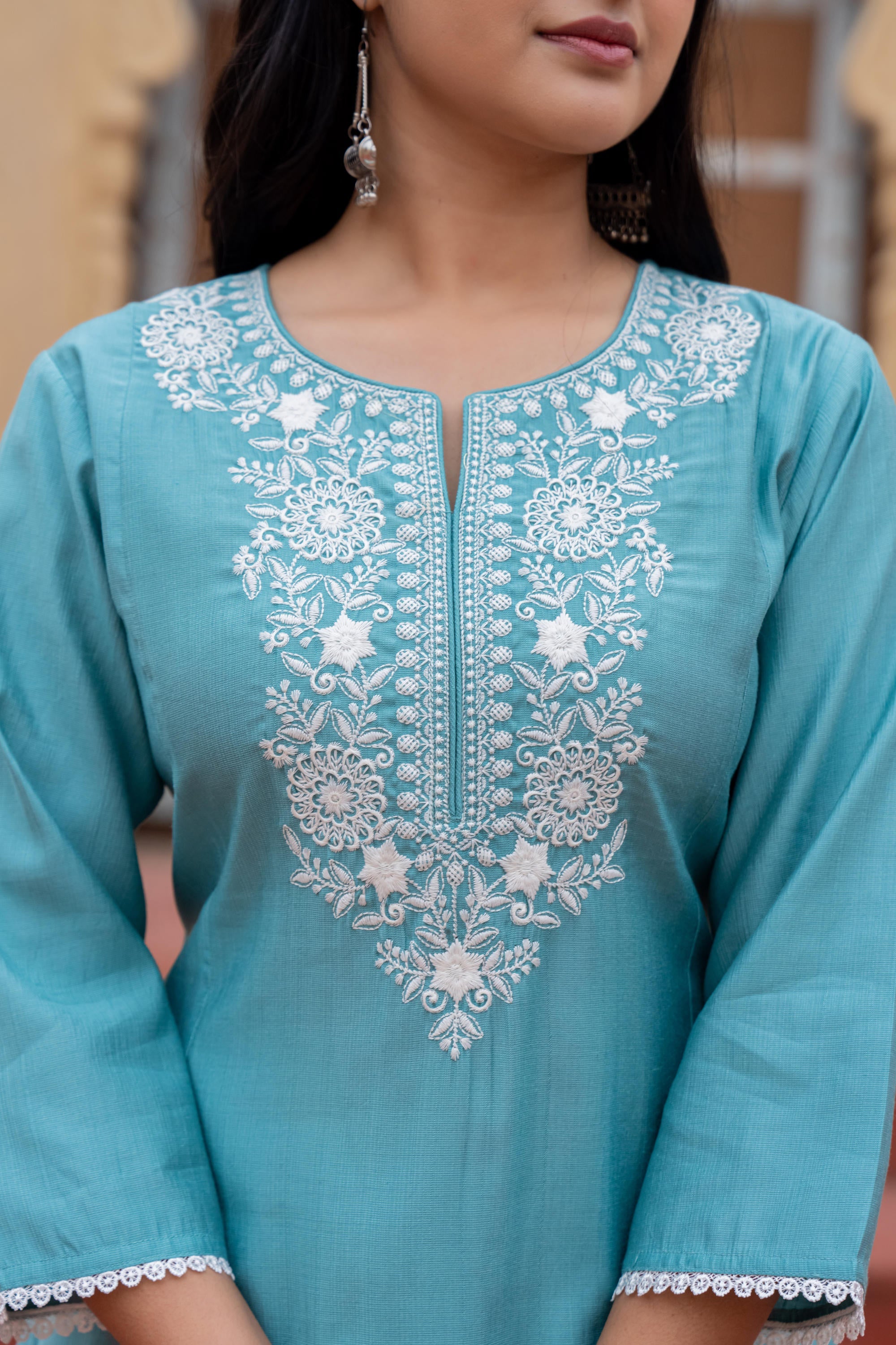 Turquoise Solid Viscose Kurta & Pant Set With Thread Work & Lace