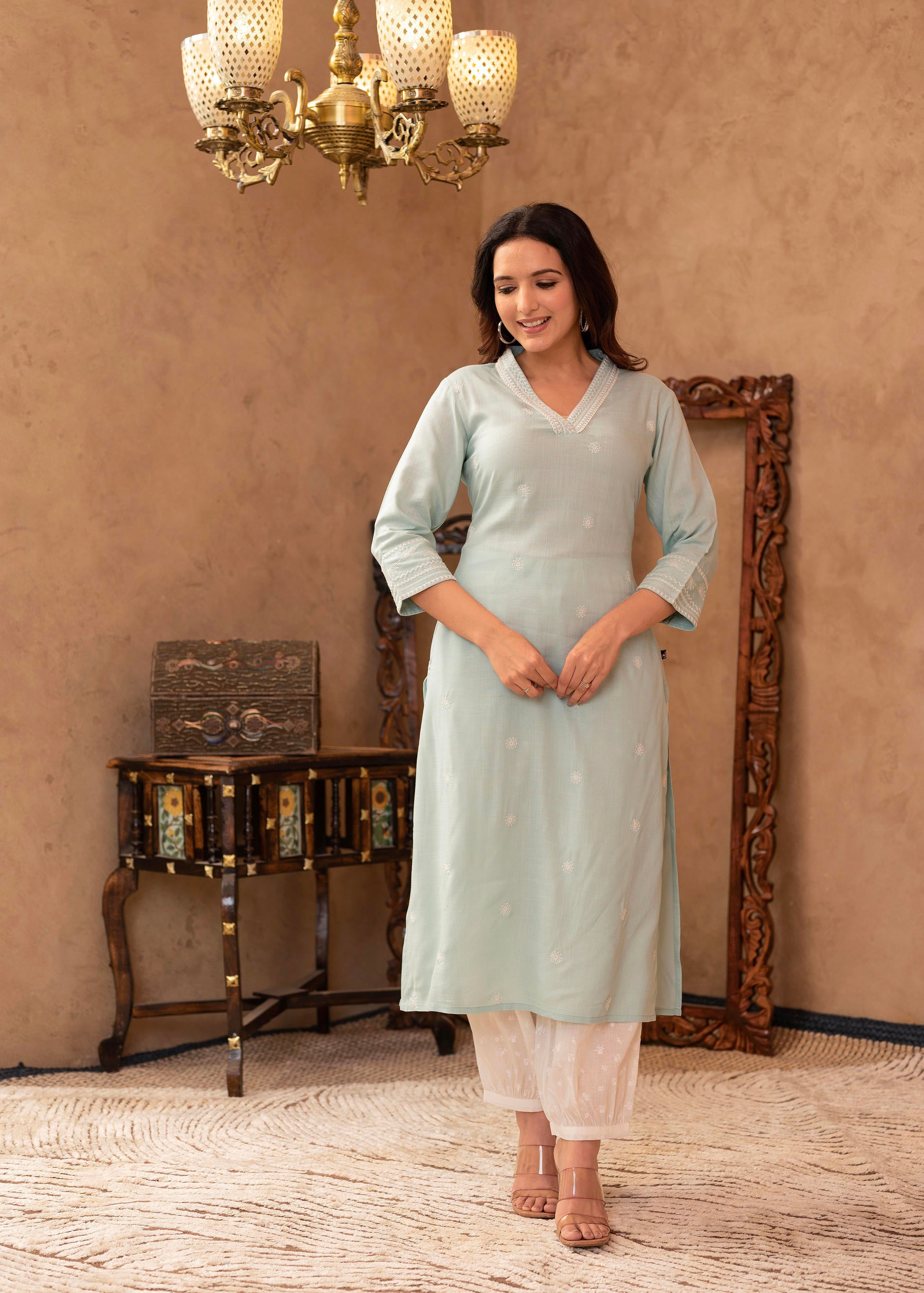 Aqua Viscose Kurta & Pant Set with Thread Work & Lace