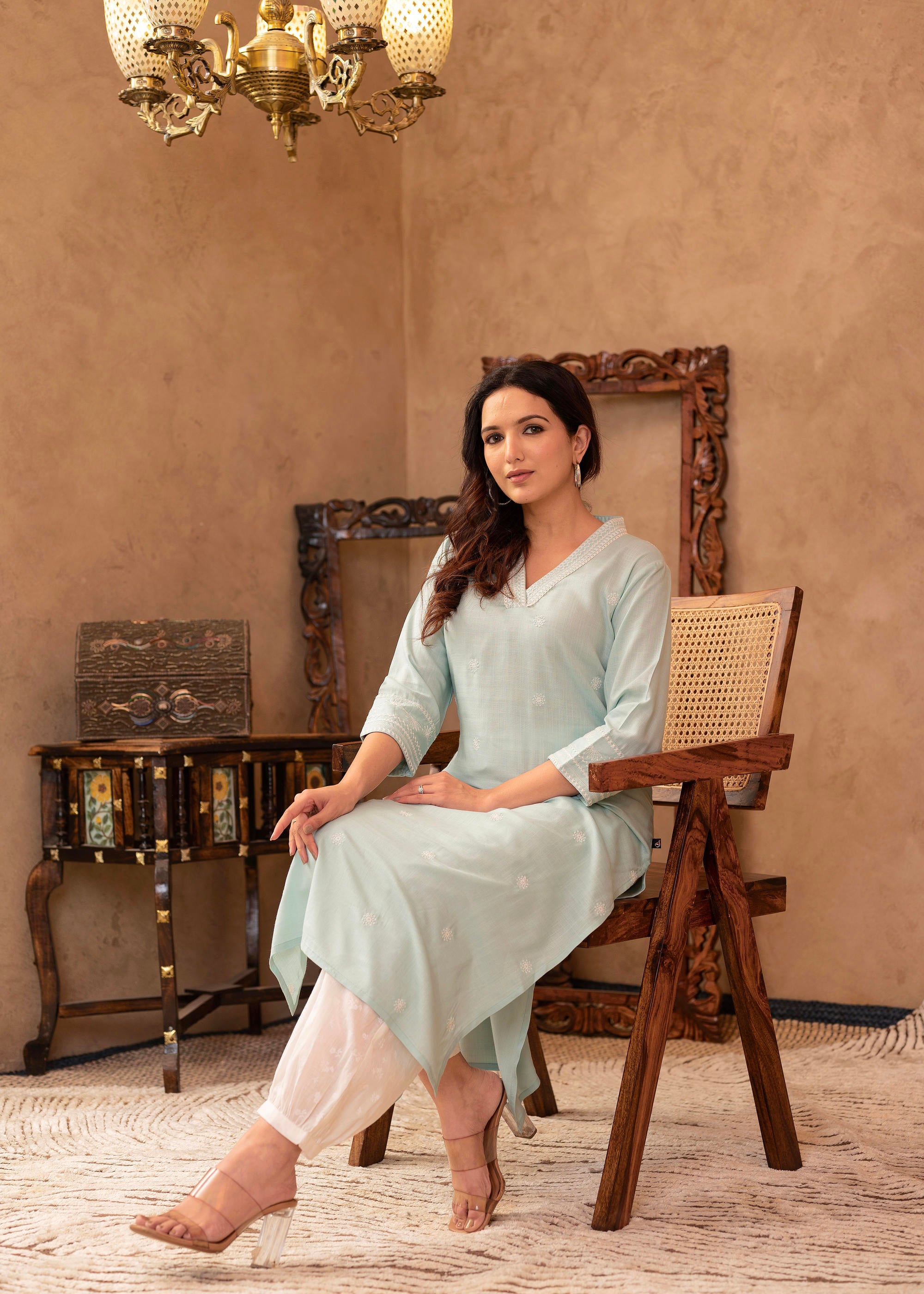 Aqua Viscose Kurta & Pant Set with Thread Work & Lace