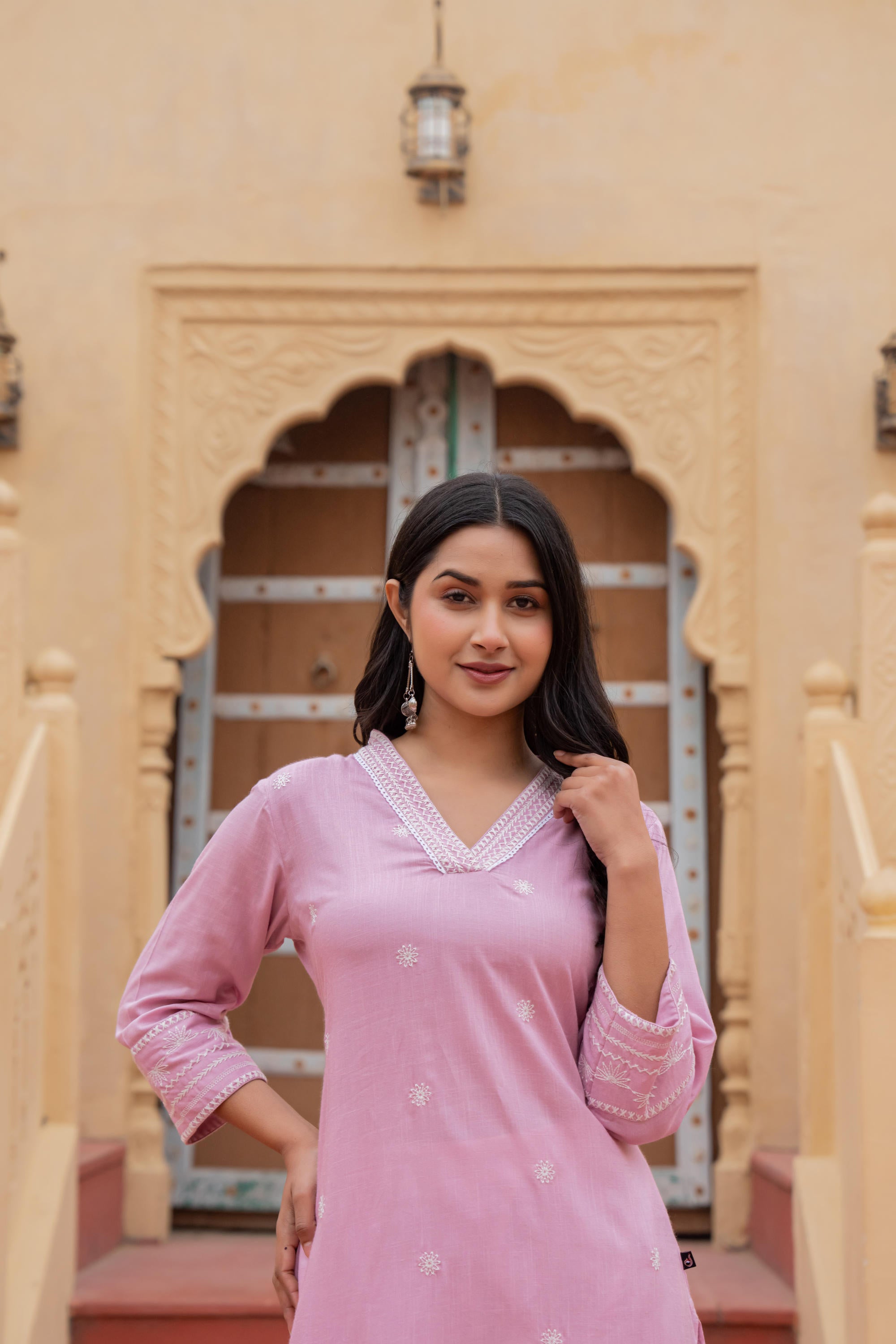 Pink Embroidered Viscose Kurta with Printed Cotton Pant