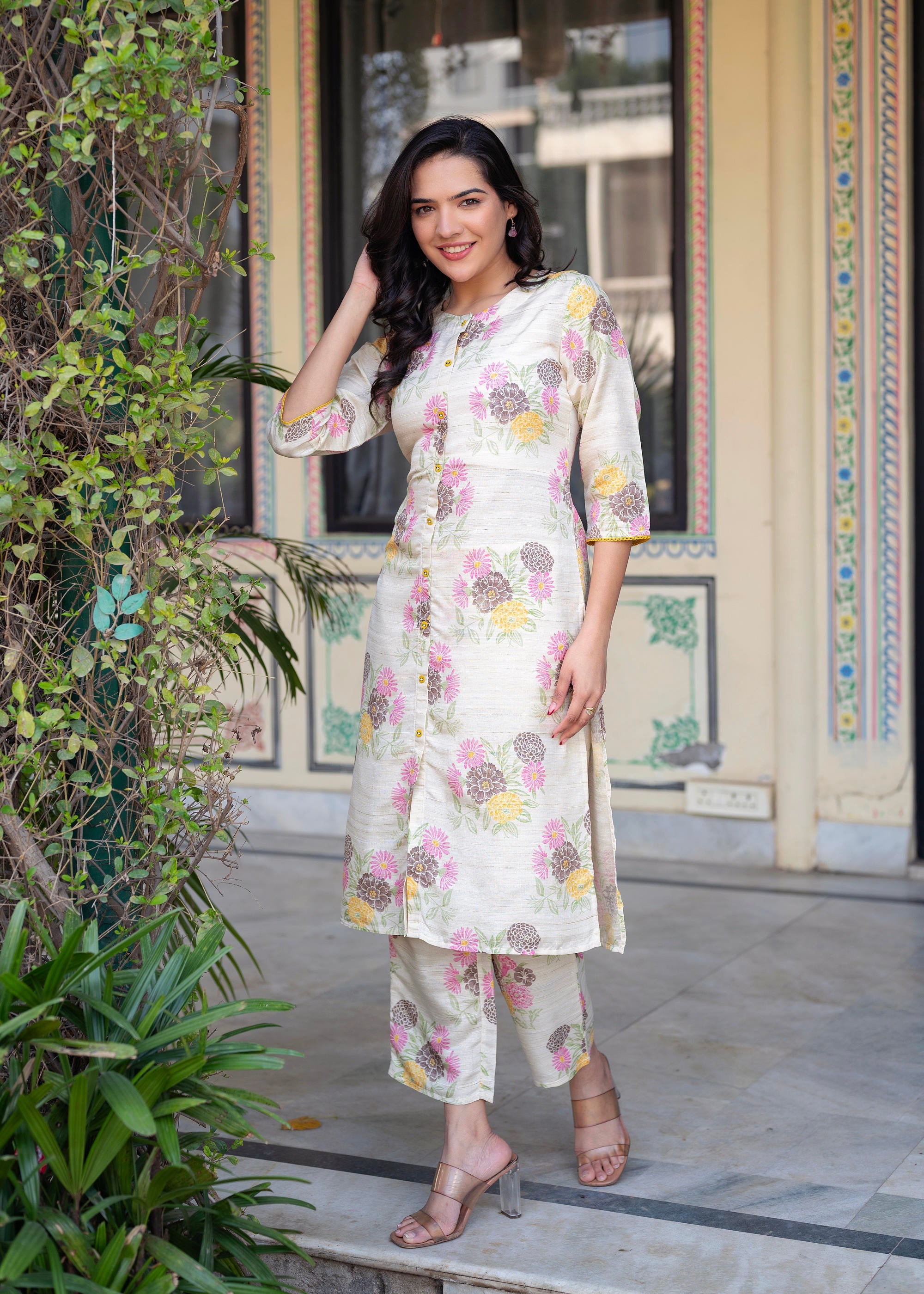 Ivory Floral Viscose Kurta with Printed Cotton Pant & Button Details