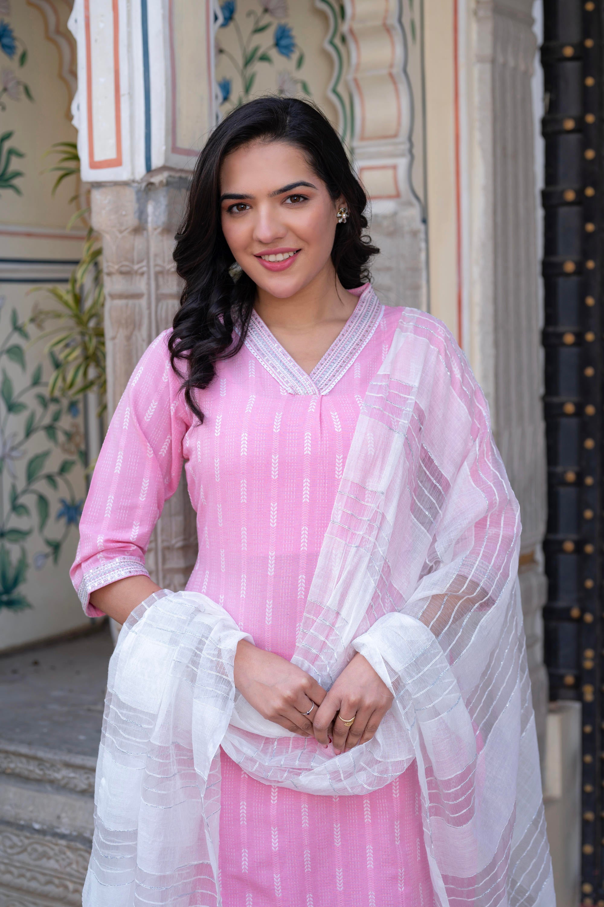 Pink Brocade Kurta-Pant & Dupatta Set with Sequins & Tassels