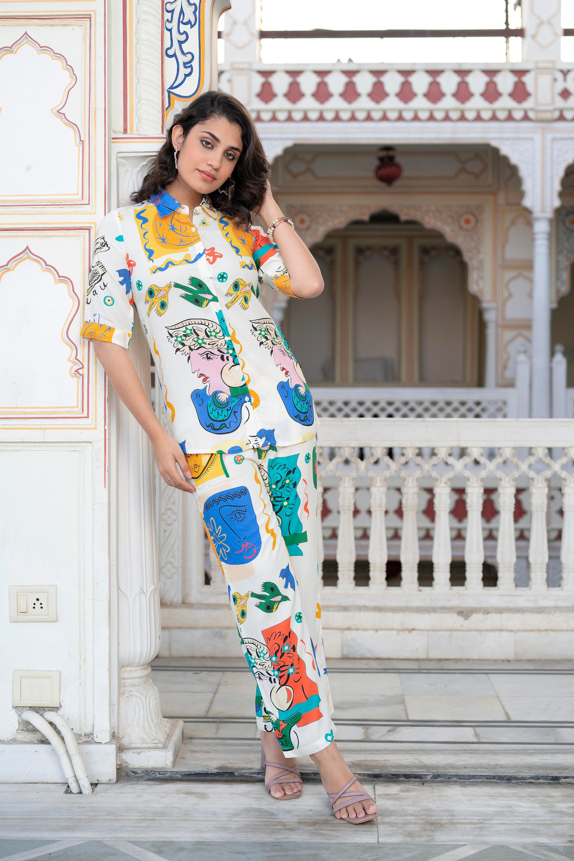 Multicolor Abstract Printed Co-ord Set in White Base
