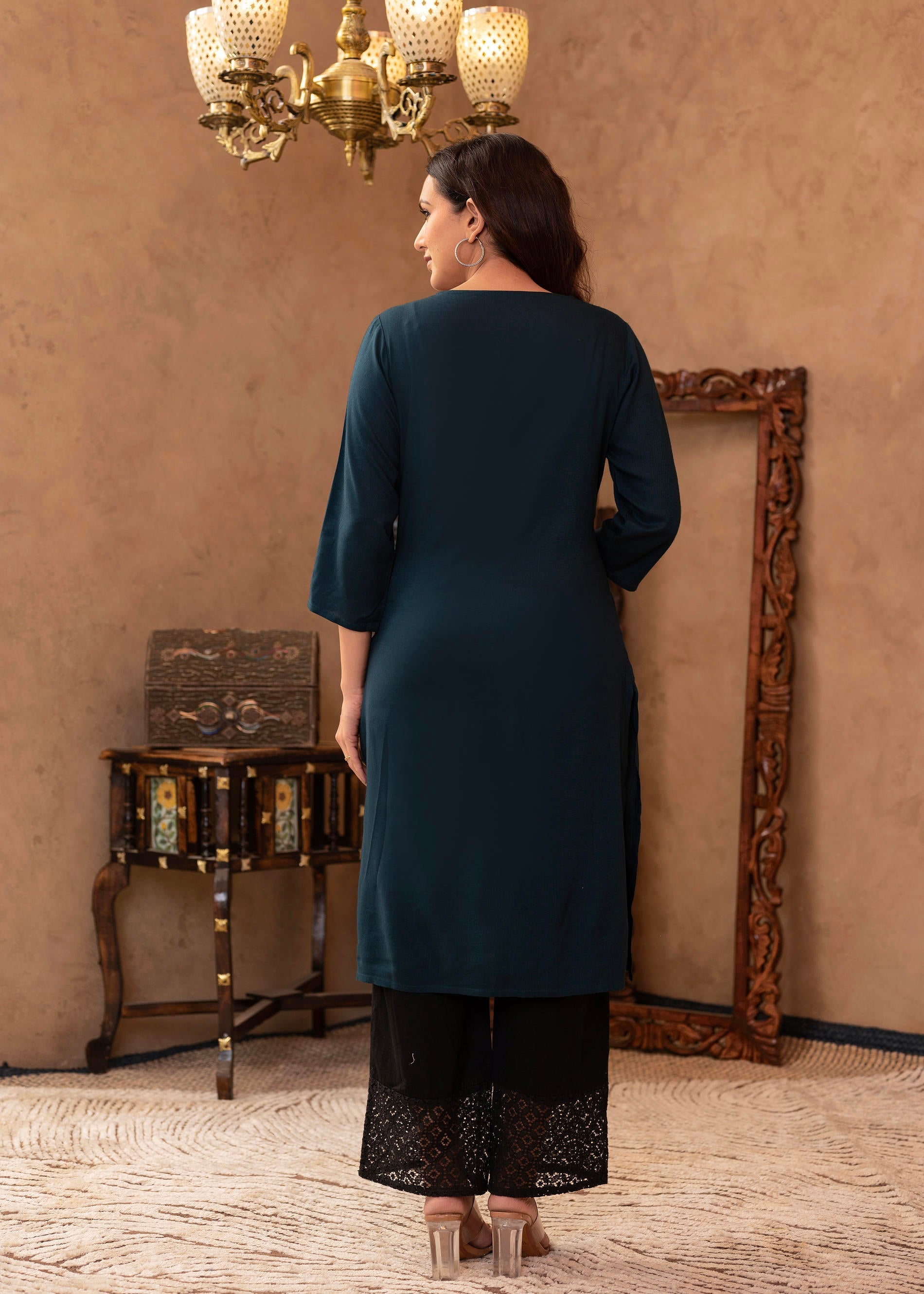 Dark Green Straight Kurta with Geometric Embroidered Yoke