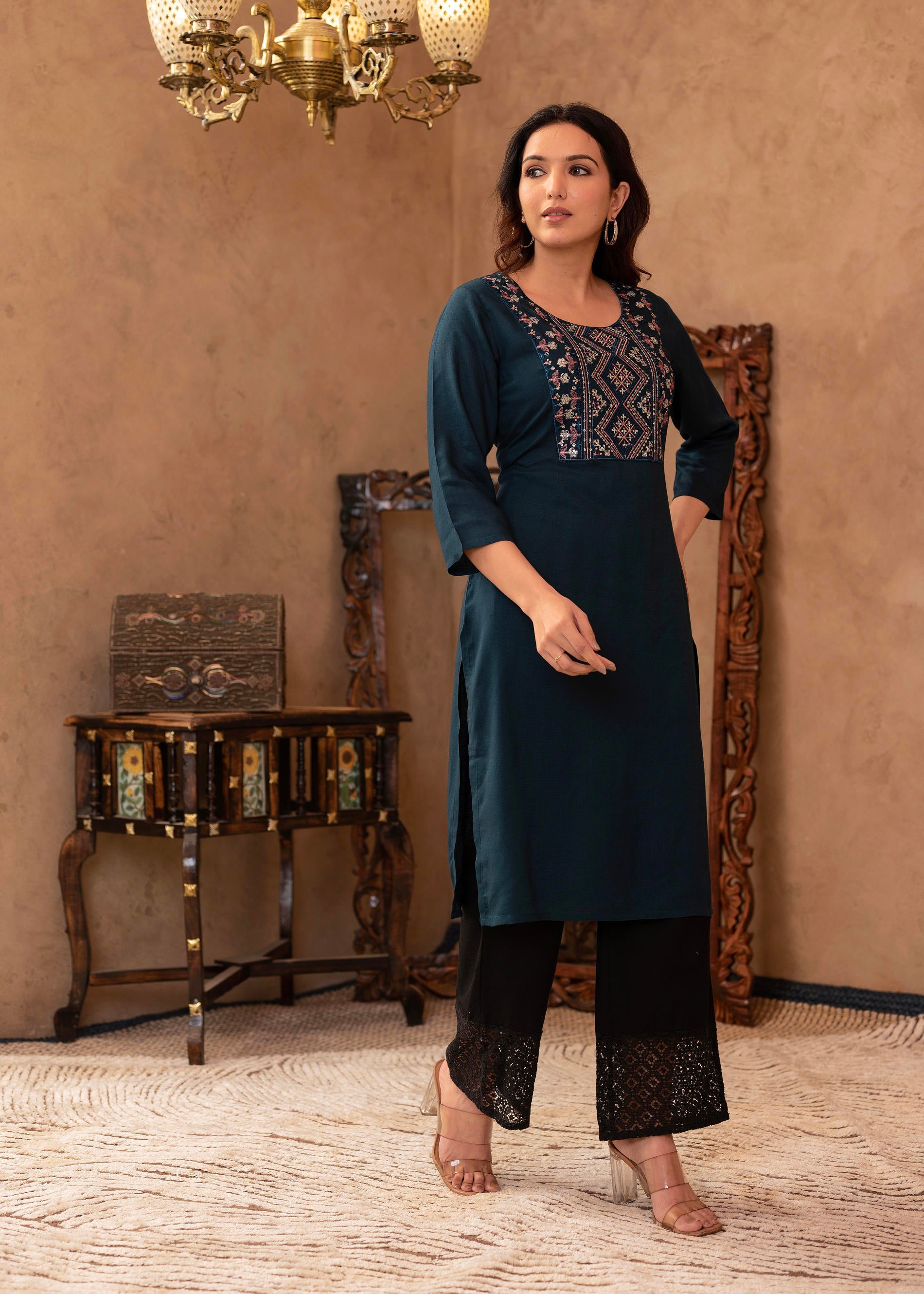 Dark Green Straight Kurta with Geometric Embroidered Yoke