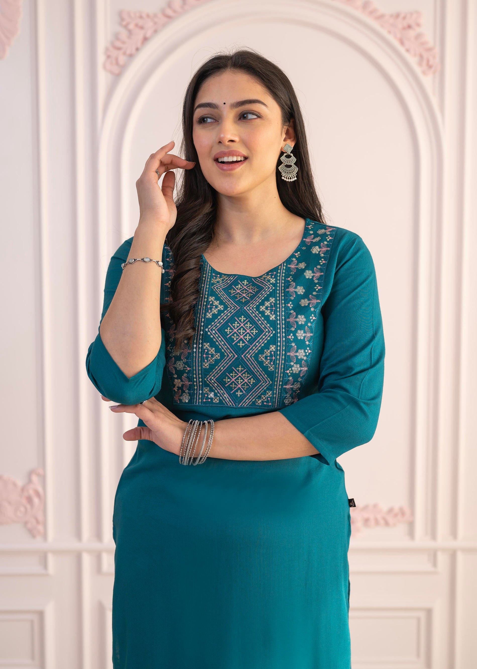 Teal Straight Kurta Set with Geometric Embroidered Yoke and White Pants