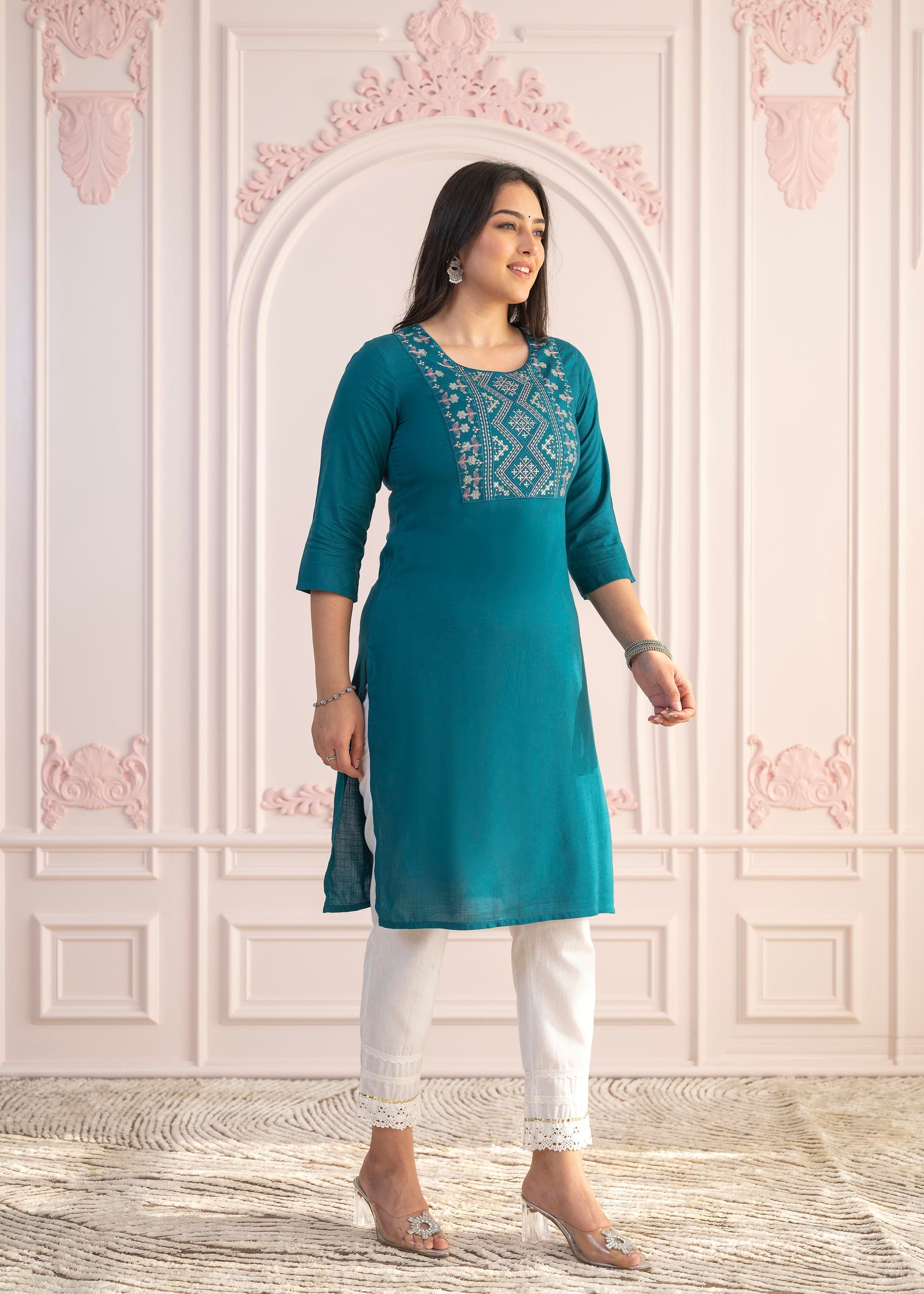 Teal Straight Kurta Set with Geometric Embroidered Yoke and White Pants