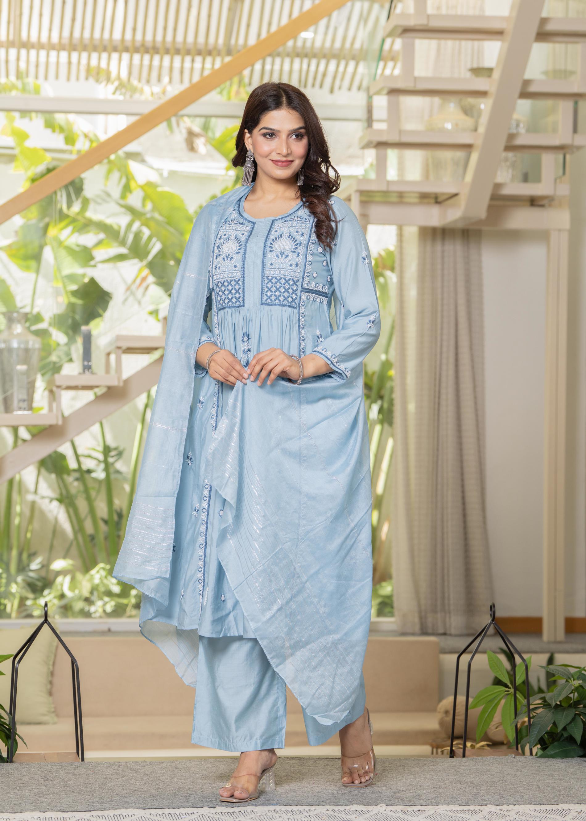Aqua Blue Flared Embroidered Kurta Set with Dupatta