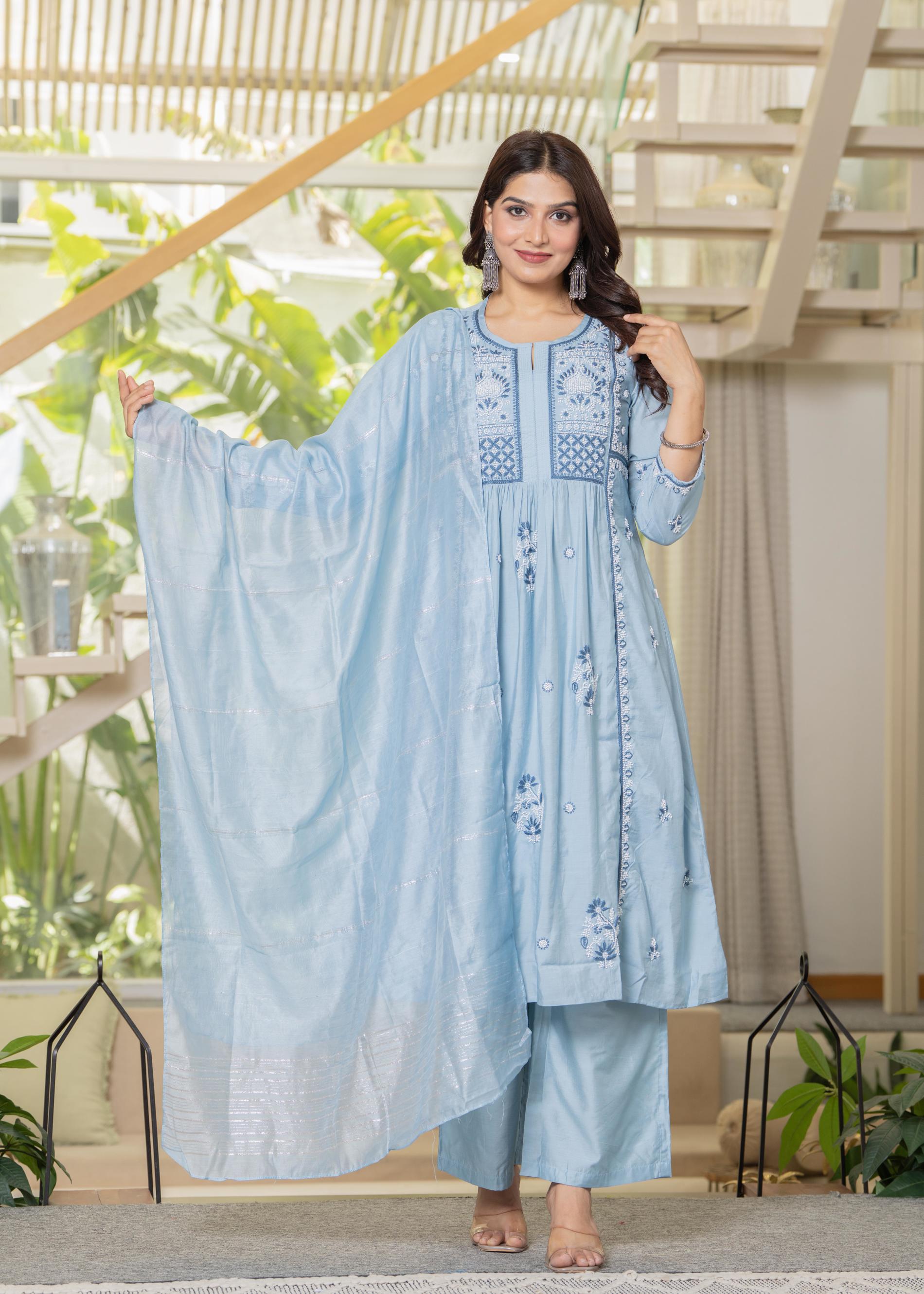 Aqua Blue Flared Embroidered Kurta Set with Dupatta