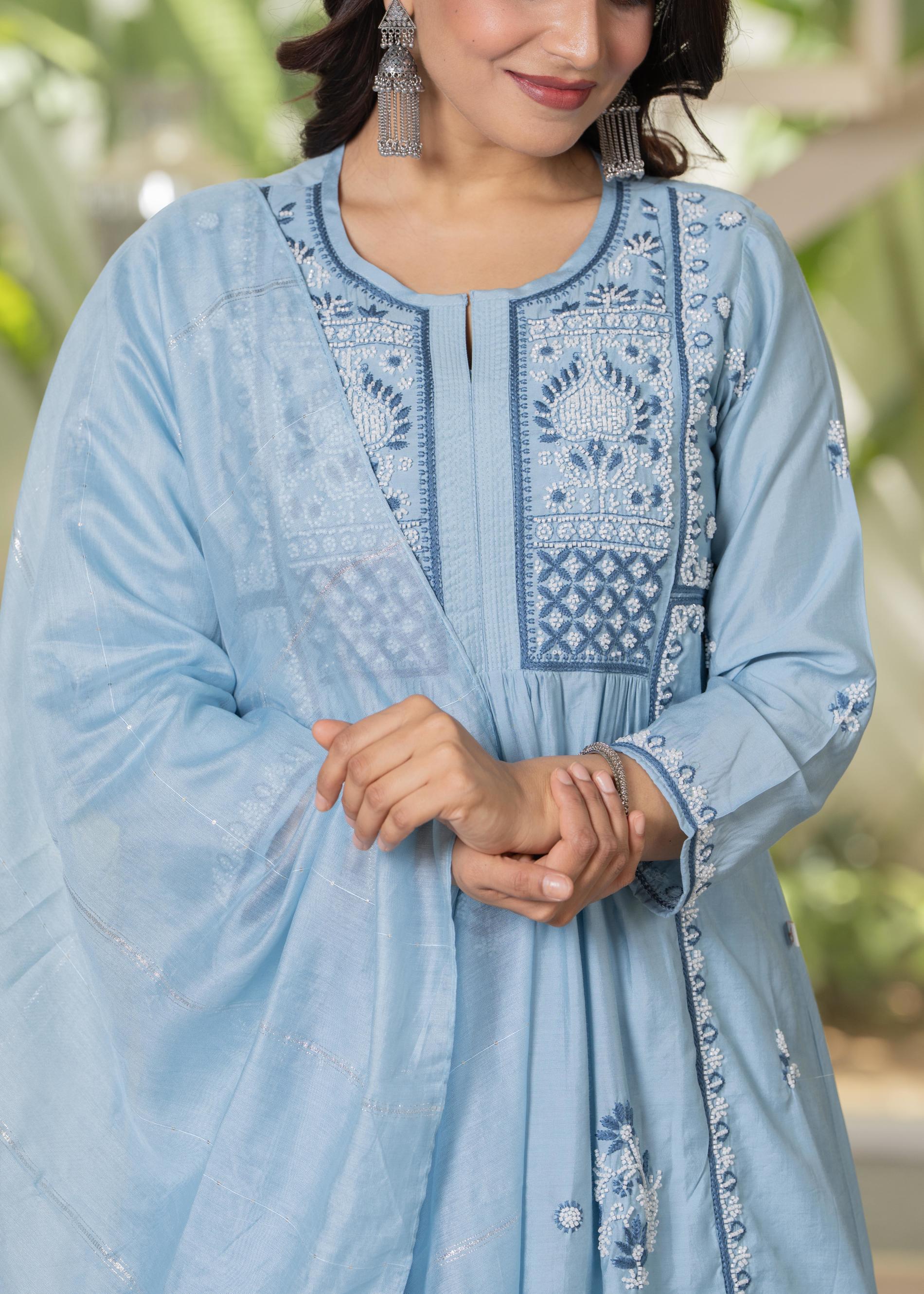Aqua Blue Flared Embroidered Kurta Set with Dupatta