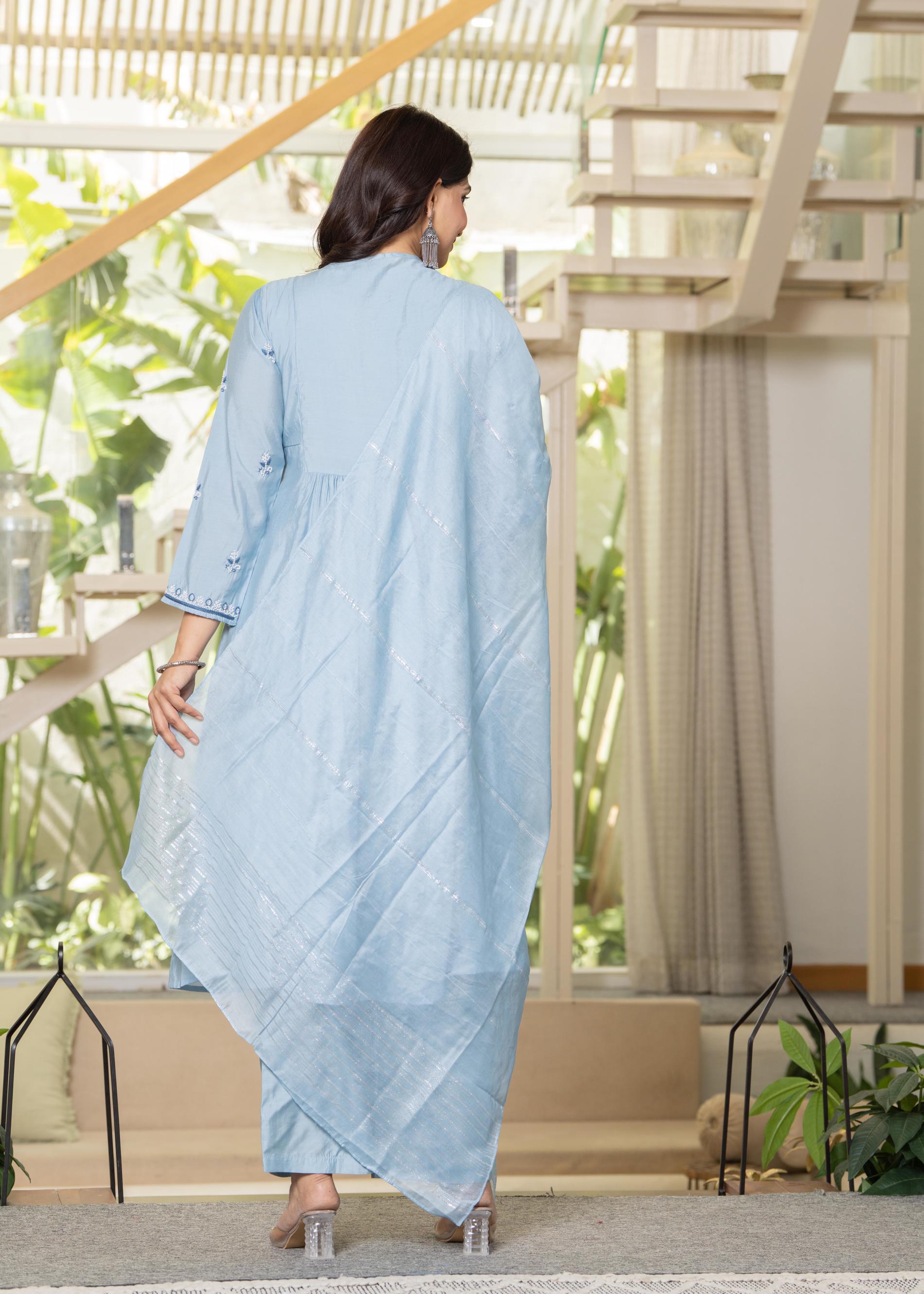 Aqua Blue Flared Embroidered Kurta Set with Dupatta