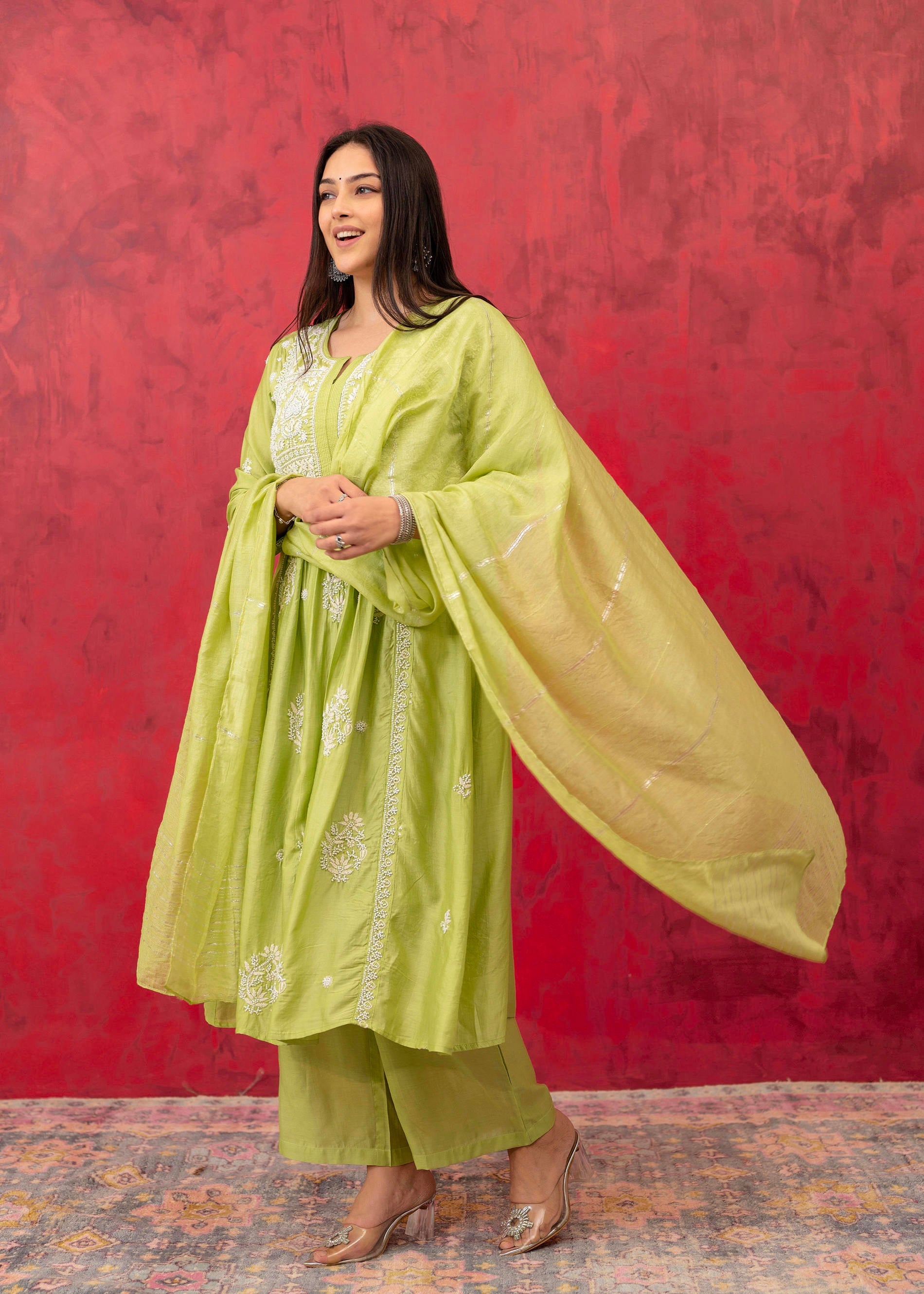 Lime Green Chanderi Kurta Pant Dupatta Set with Thread & Bead Work