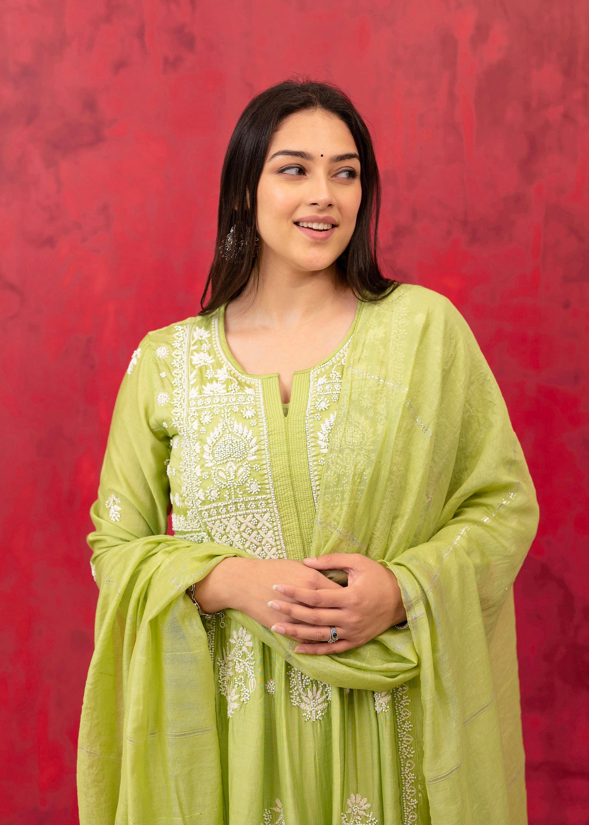 Lime Green Chanderi Kurta Pant Dupatta Set with Thread & Bead Work